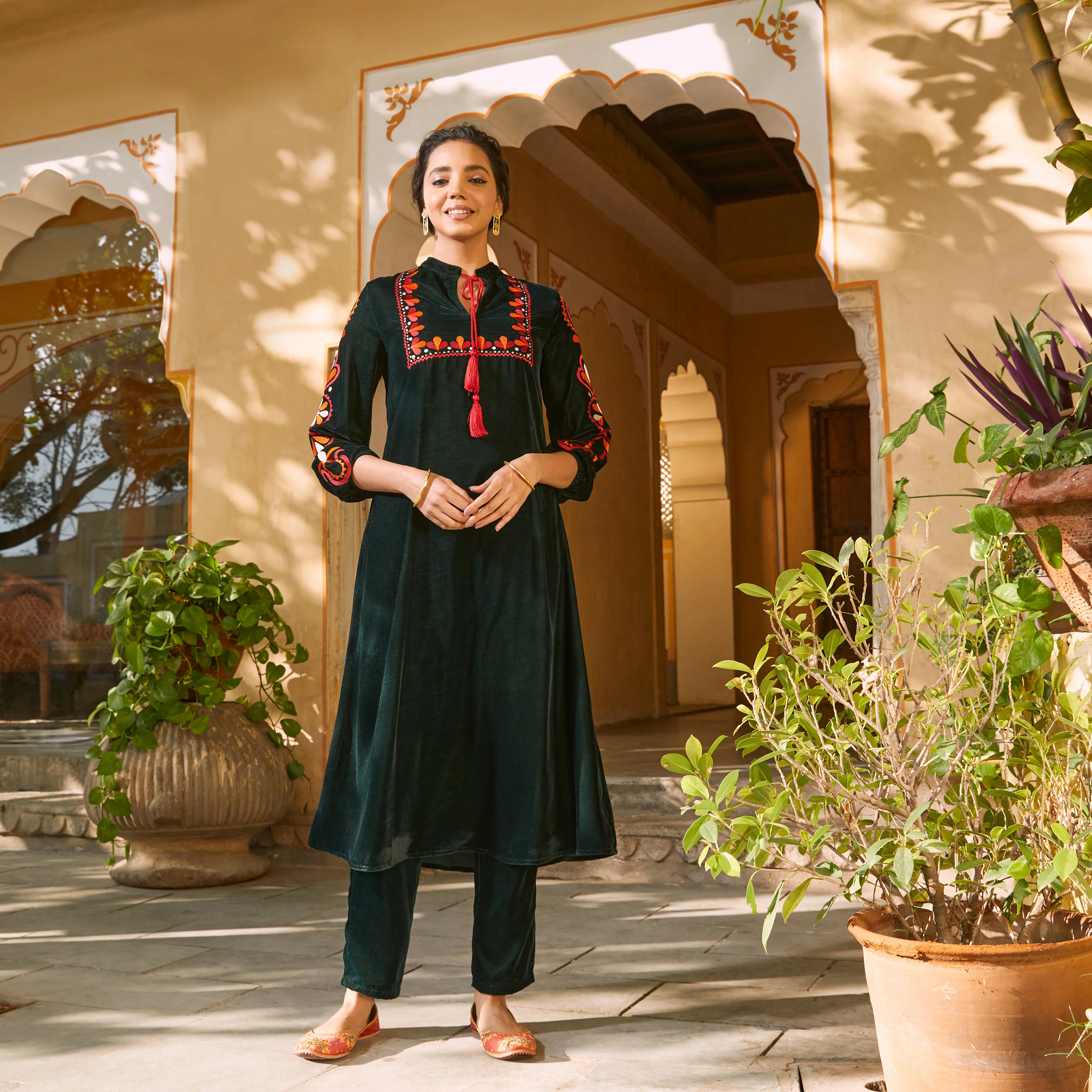 Emerald Green Velvet A-Line Embroidered Kurta - Image 11