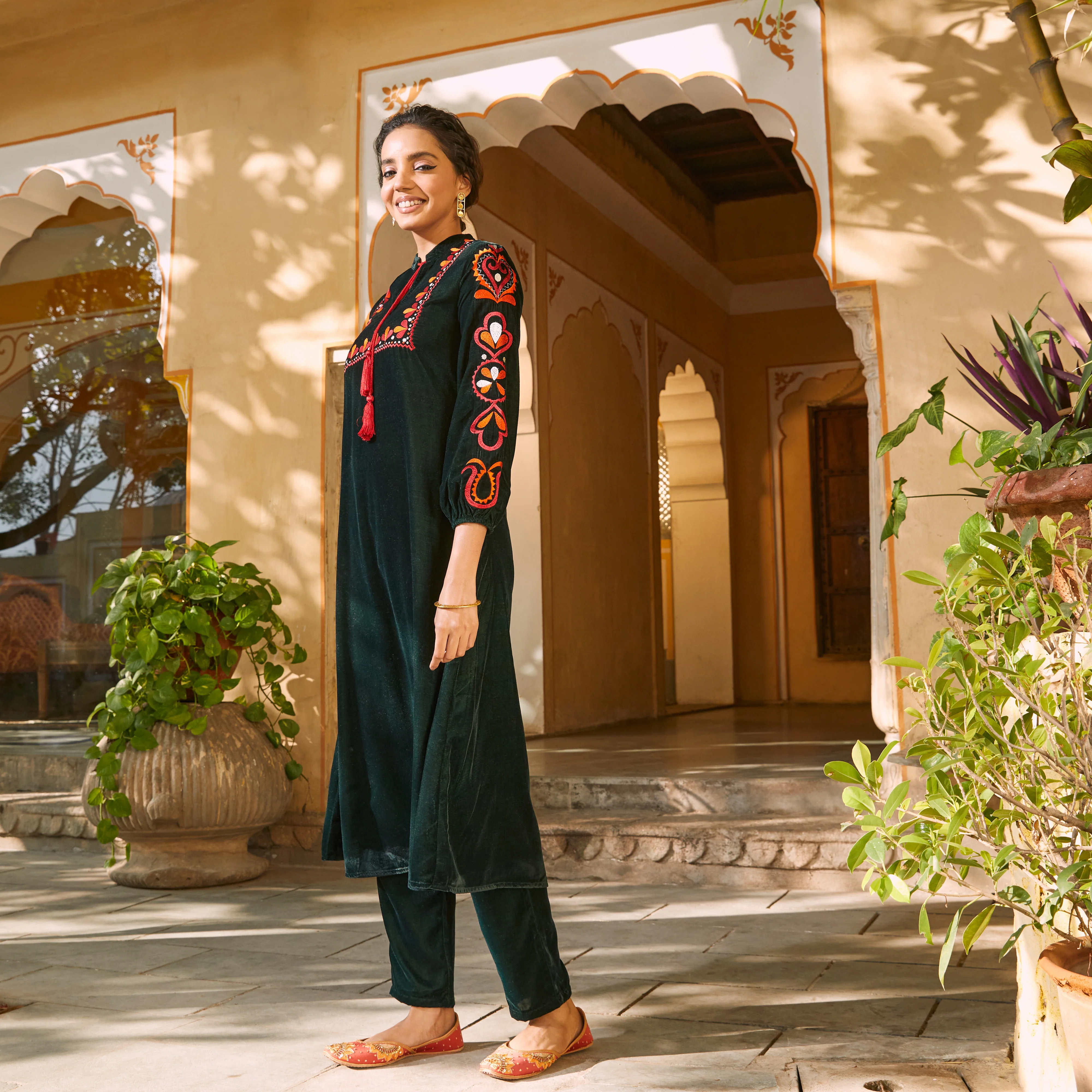 Emerald Green Velvet A-Line Embroidered Kurta - Image 12