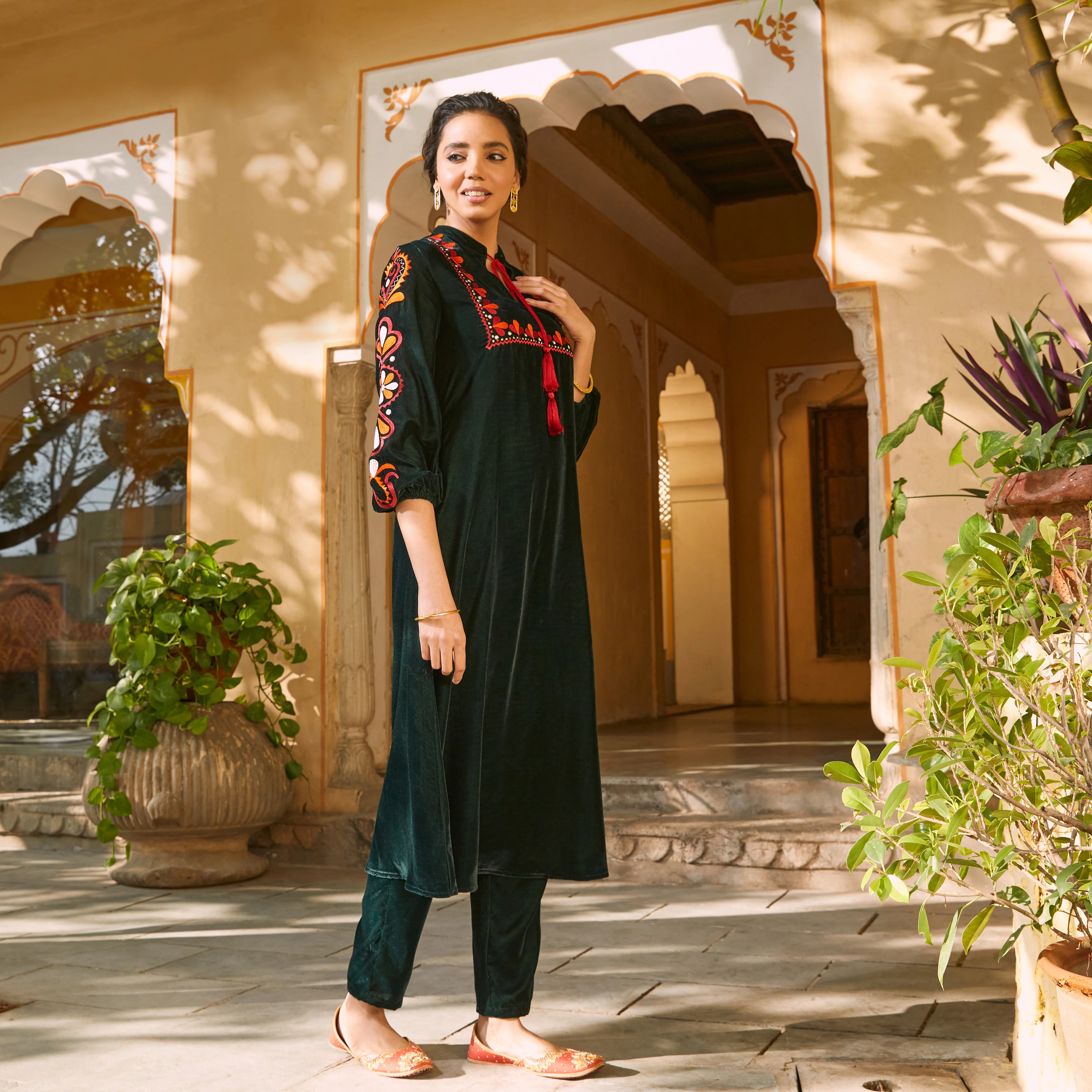 Emerald Green Velvet A-Line Embroidered Kurta - Image 13