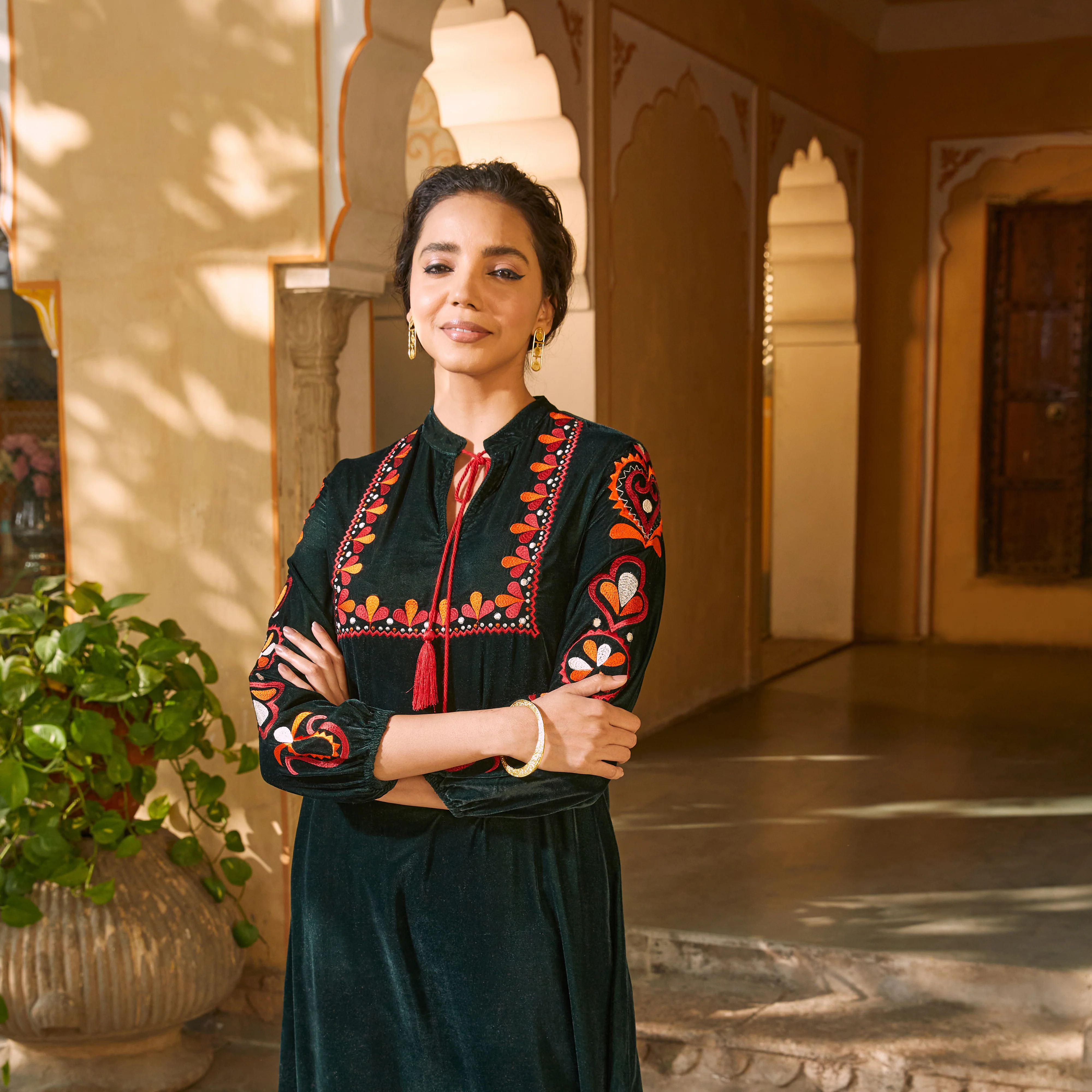 Emerald Green Velvet A-Line Embroidered Kurta - Image 14