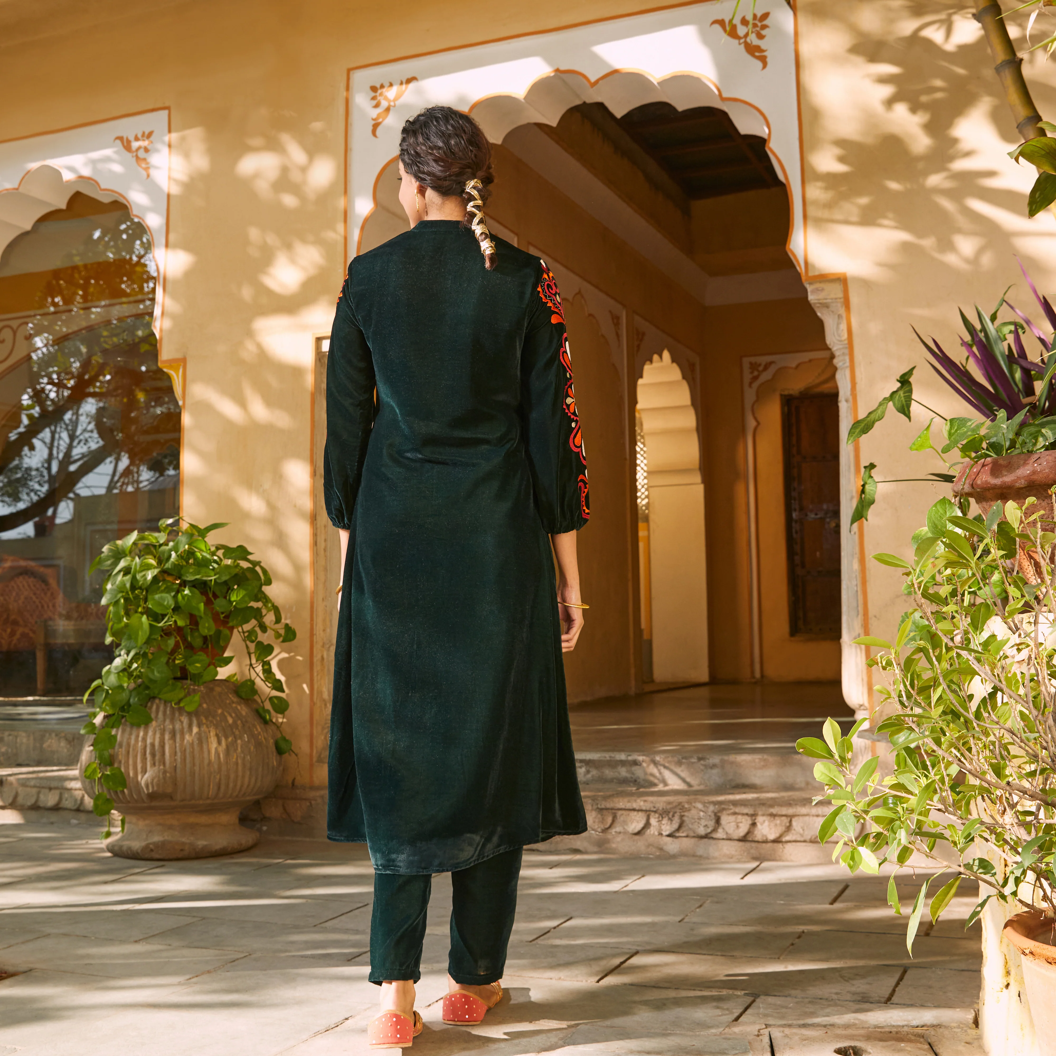 Emerald Green Velvet A-Line Embroidered Kurta - Image 16