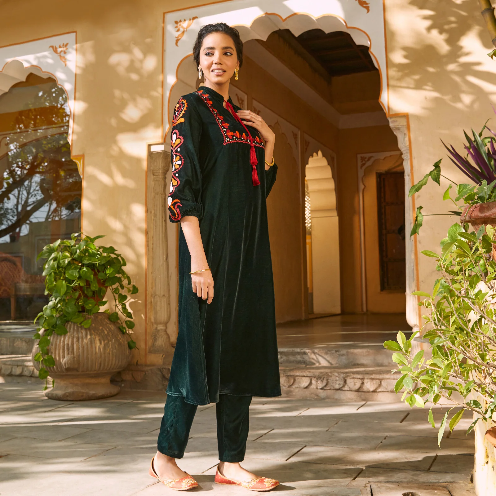 Emerald Green Velvet A-Line Embroidered Kurta - Image 17