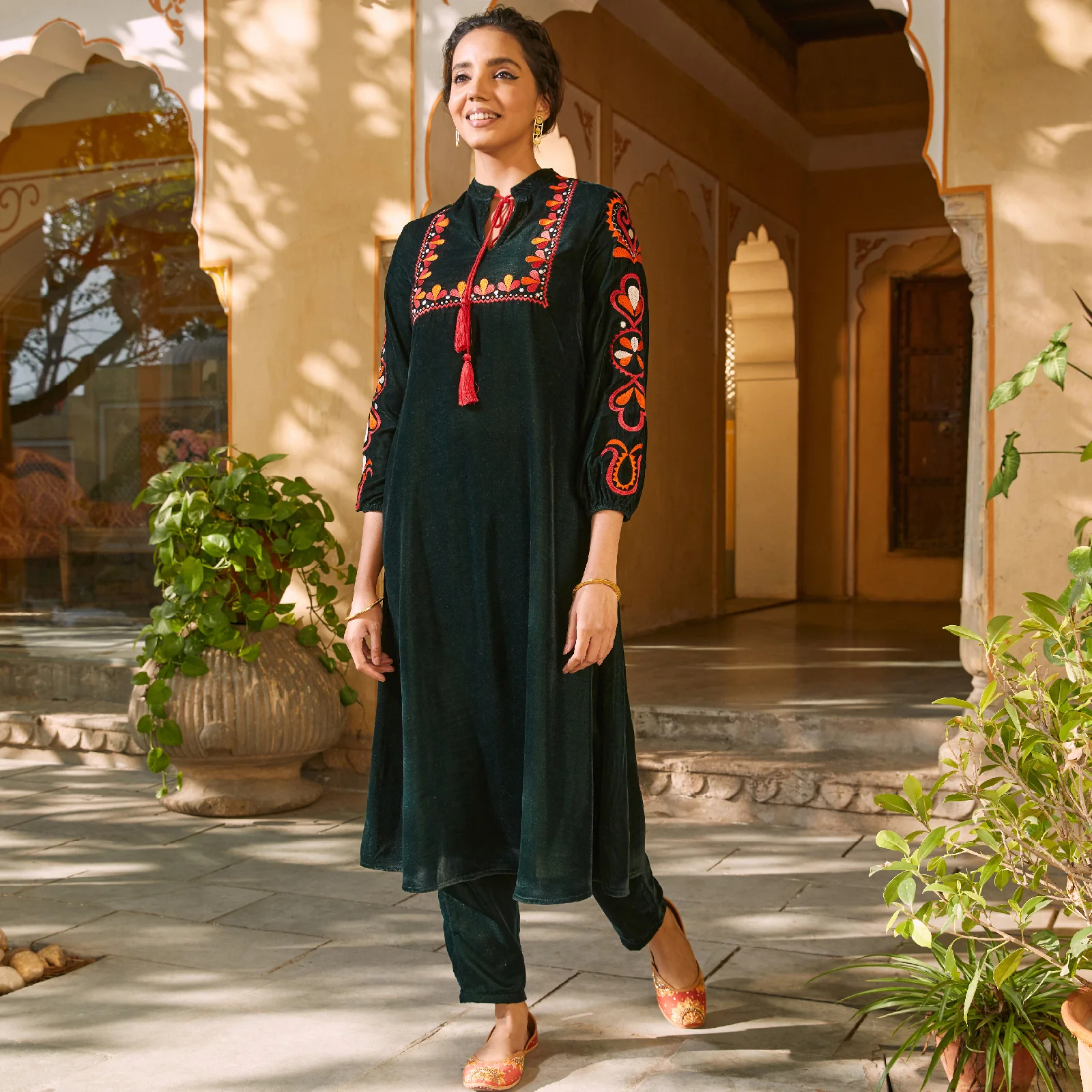 Emerald Green Velvet A-Line Embroidered Kurta - Image 19