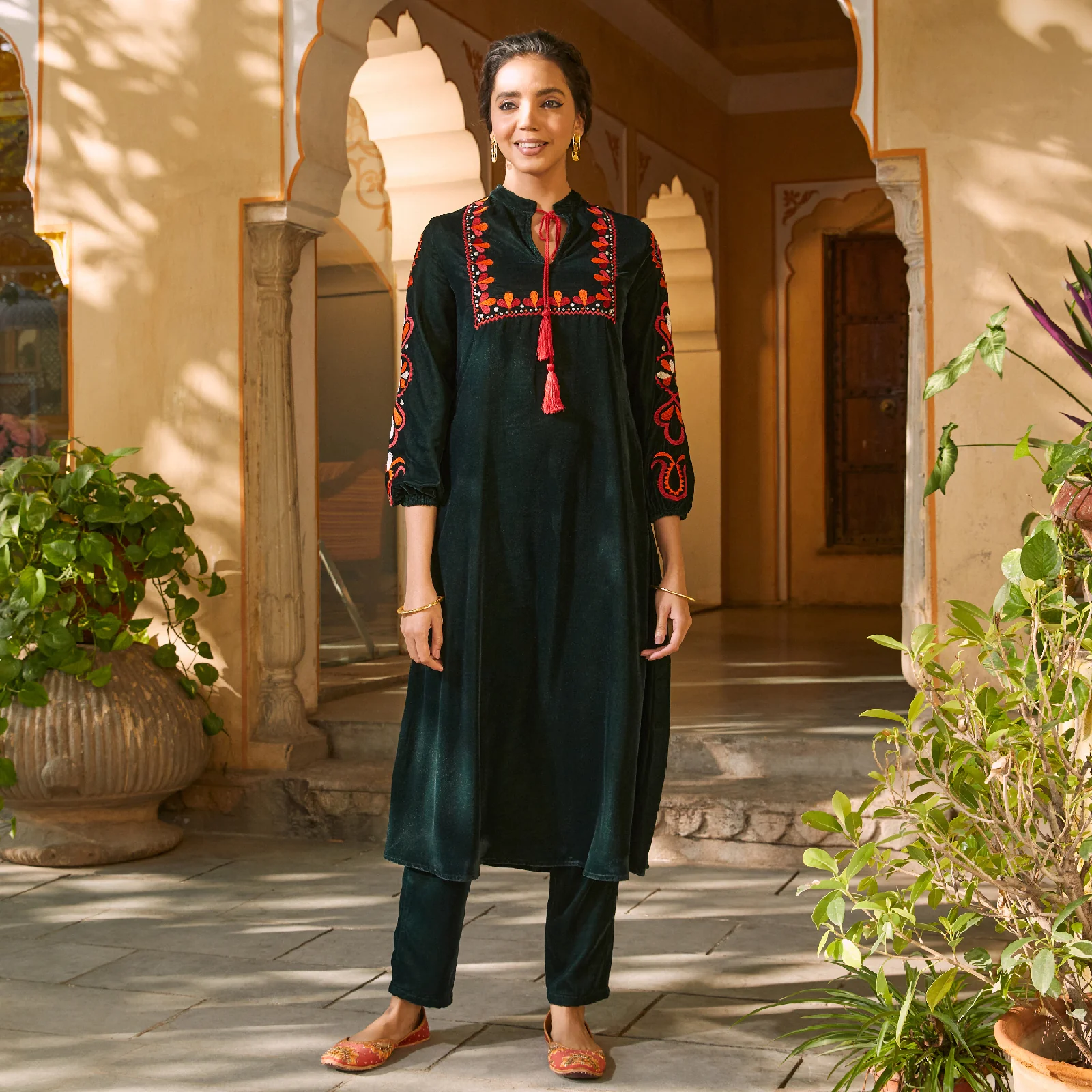 Emerald Green Velvet A-Line Embroidered Kurta - Image 20