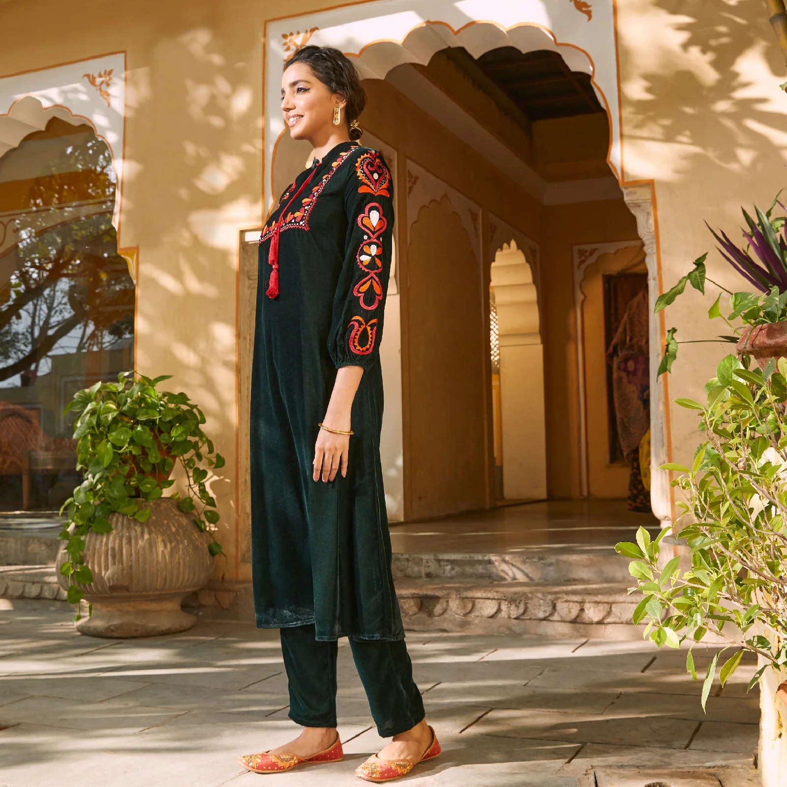Emerald Green Velvet A-Line Embroidered Kurta - Image 21