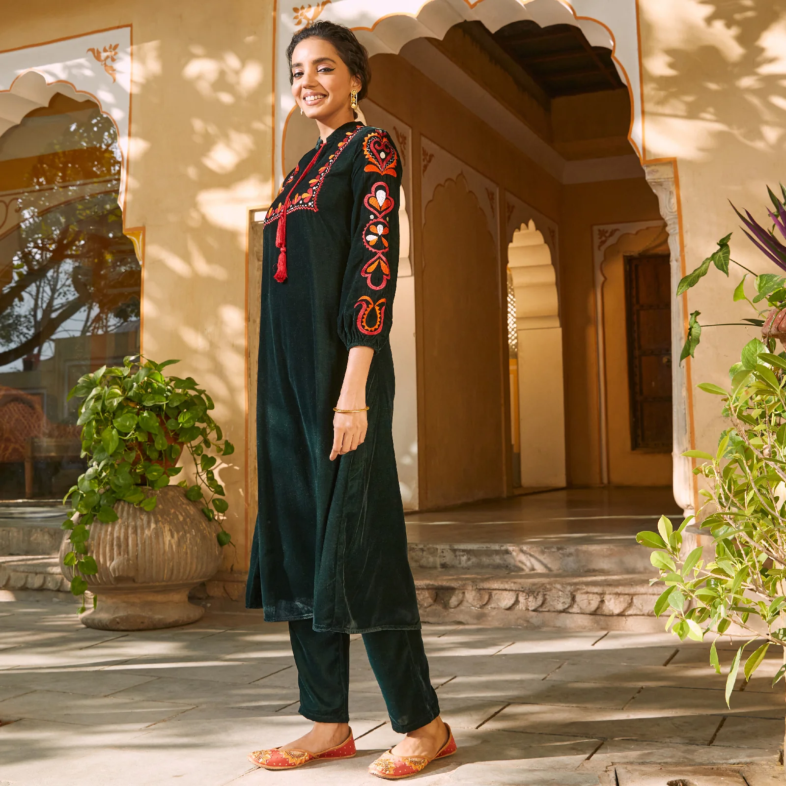 Emerald Green Velvet A-Line Embroidered Kurta - Image 22