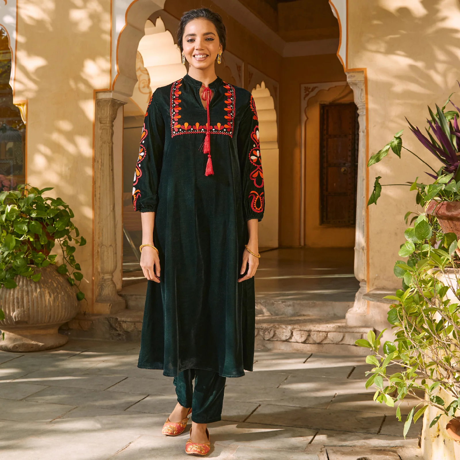 Emerald Green Velvet A-Line Embroidered Kurta - Image 3