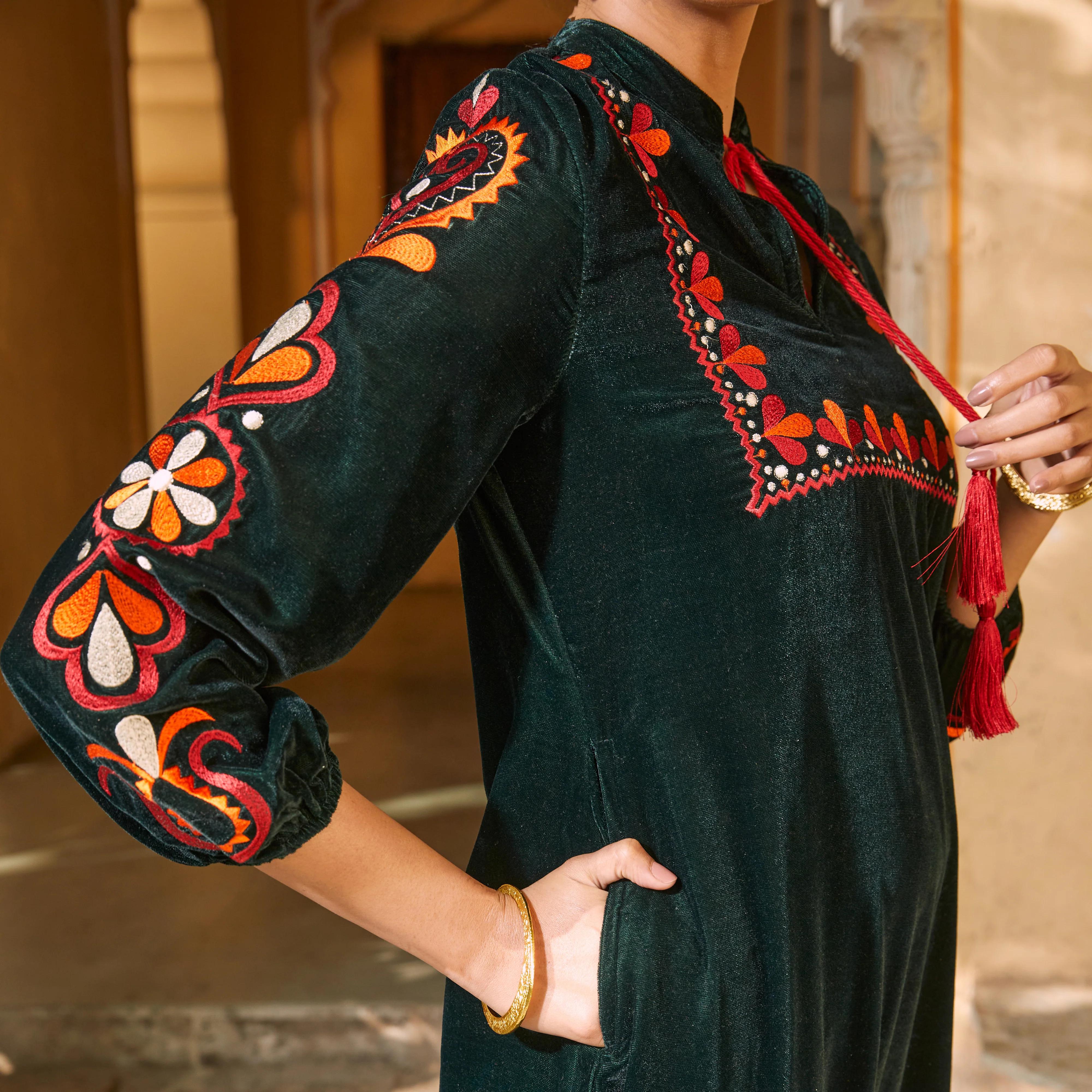 Emerald Green Velvet A-Line Embroidered Kurta - Image 6