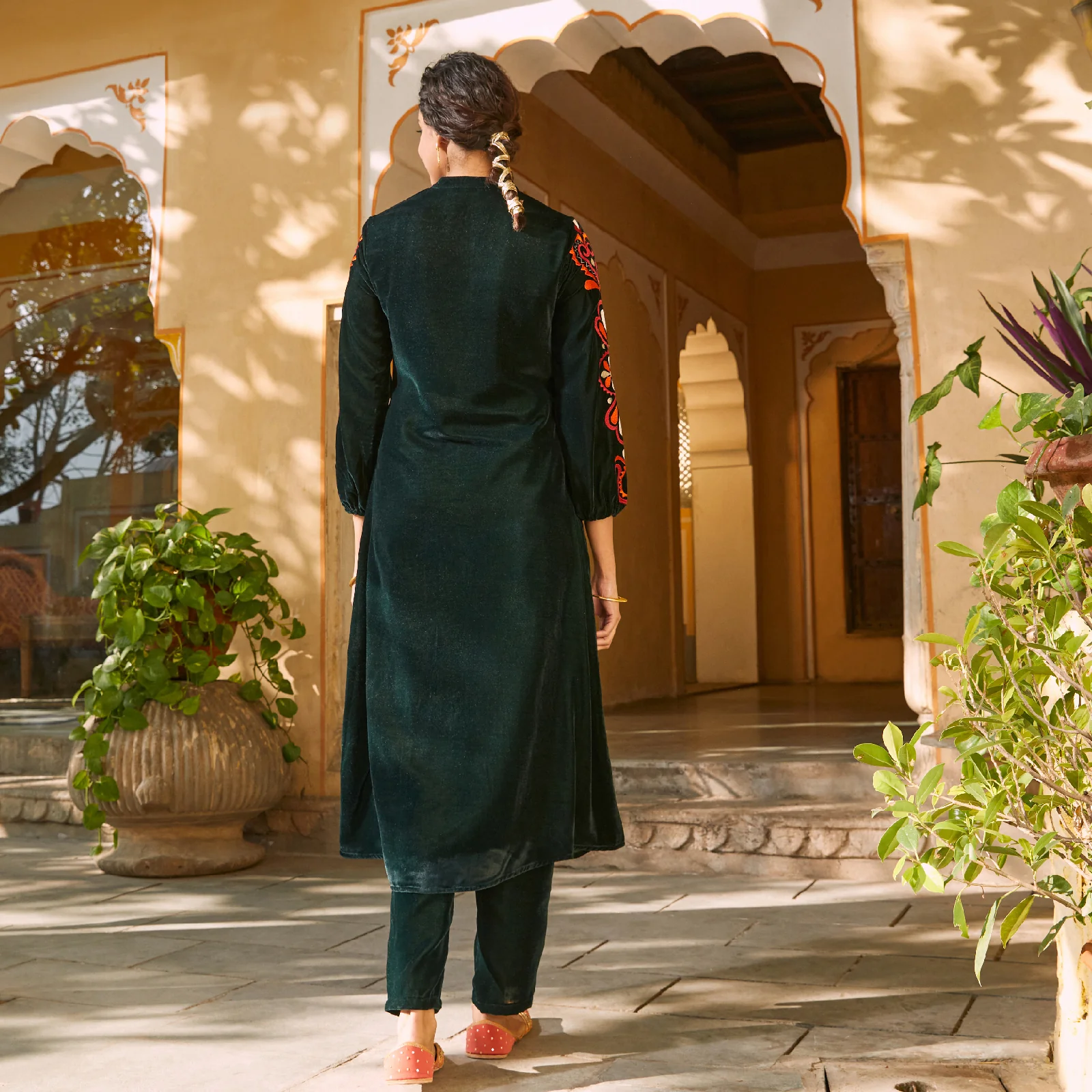 Emerald Green Velvet A-Line Embroidered Kurta - Image 7