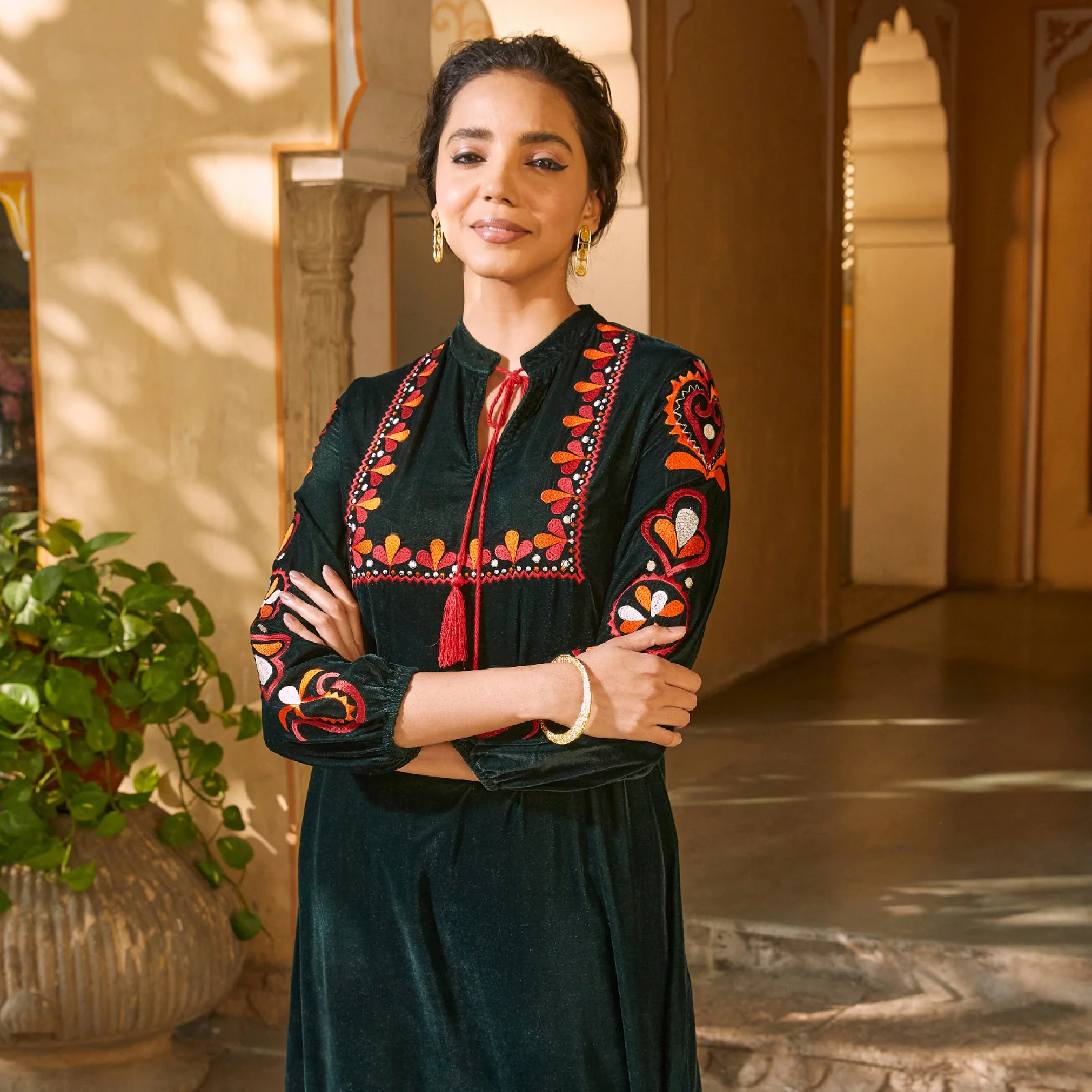 Emerald Green Velvet A-Line Embroidered Kurta - Image 8