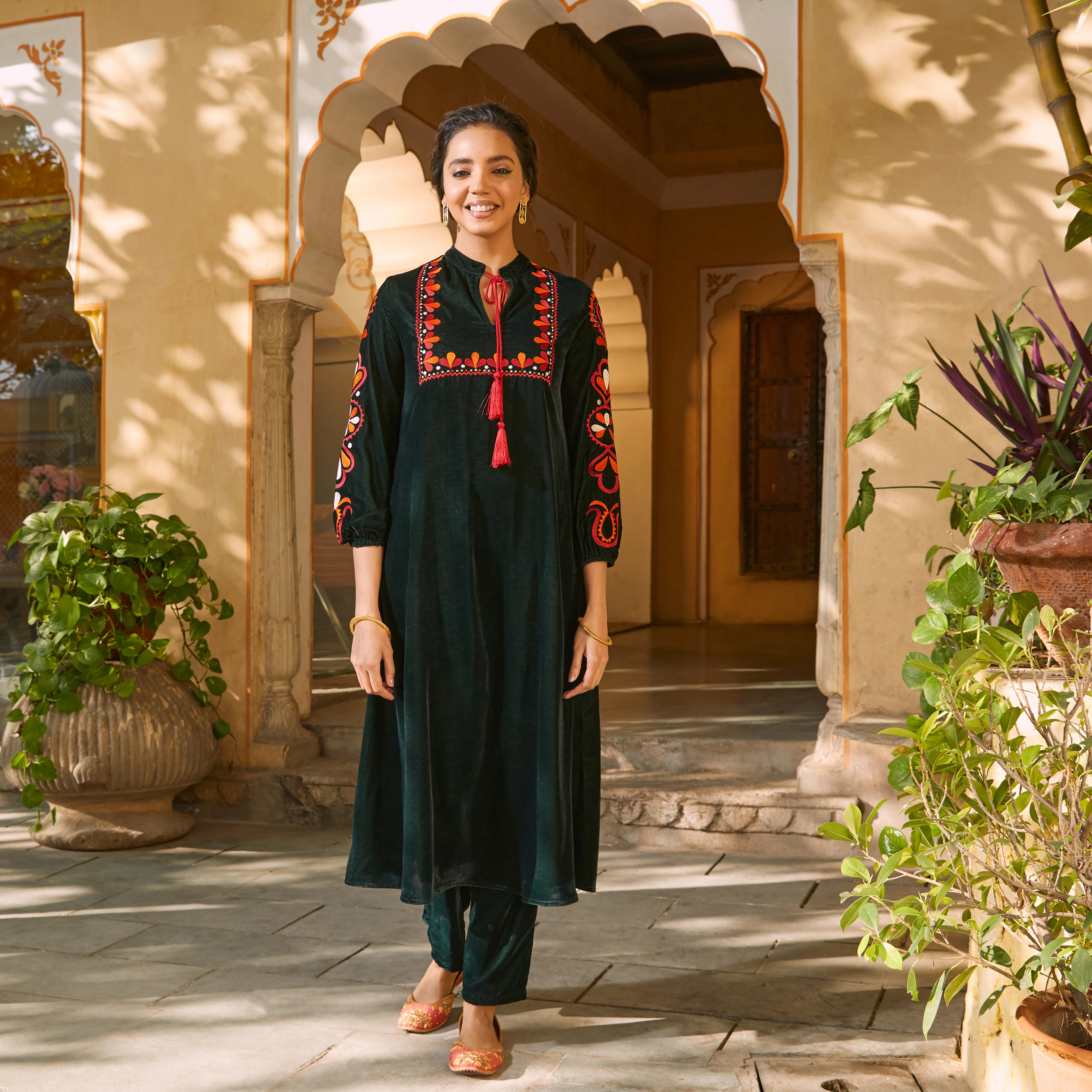 Emerald Green Velvet A-Line Embroidered Kurta - Image 9