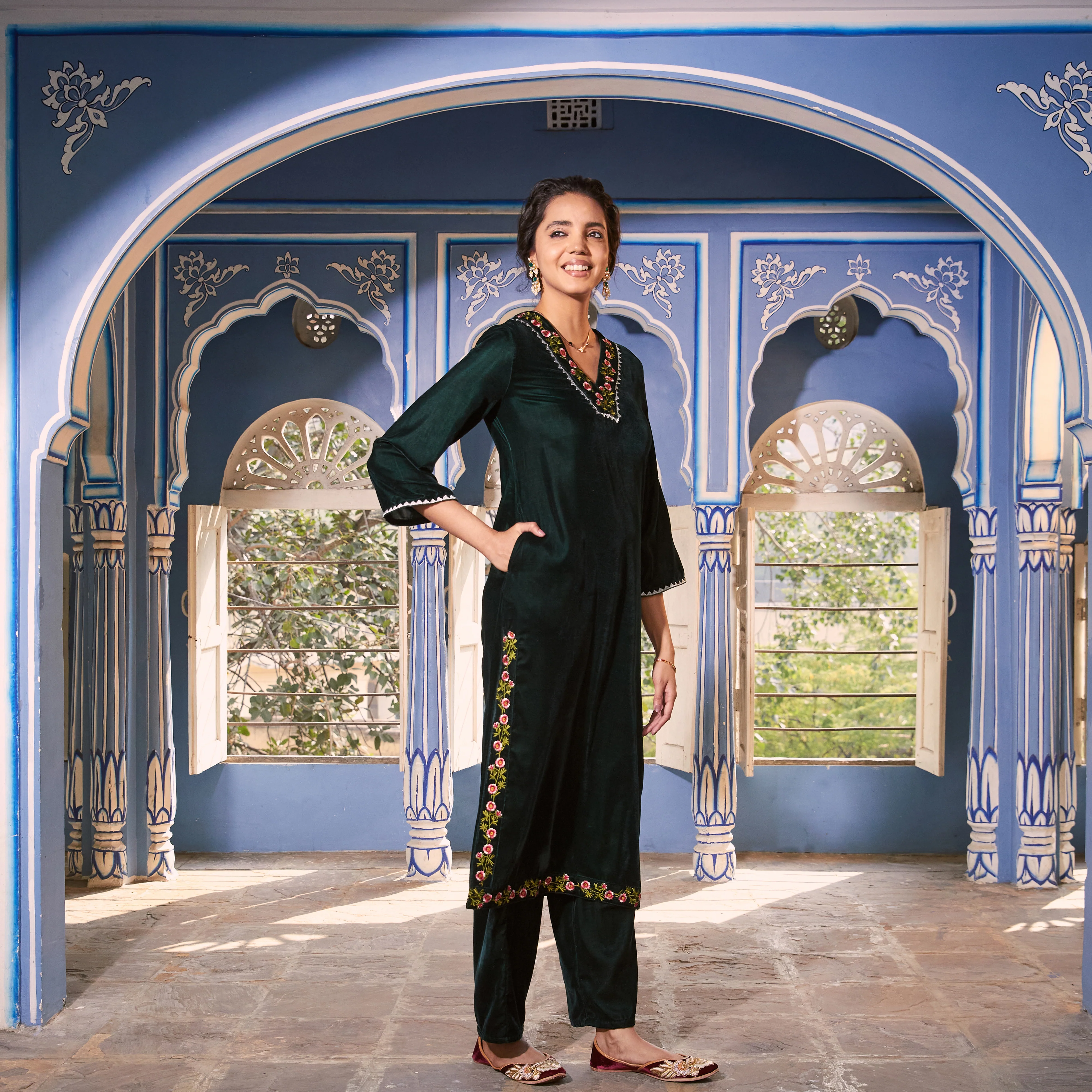 Emerald Green Velvet Floral V Neck Embroidered Kurta - Image 11