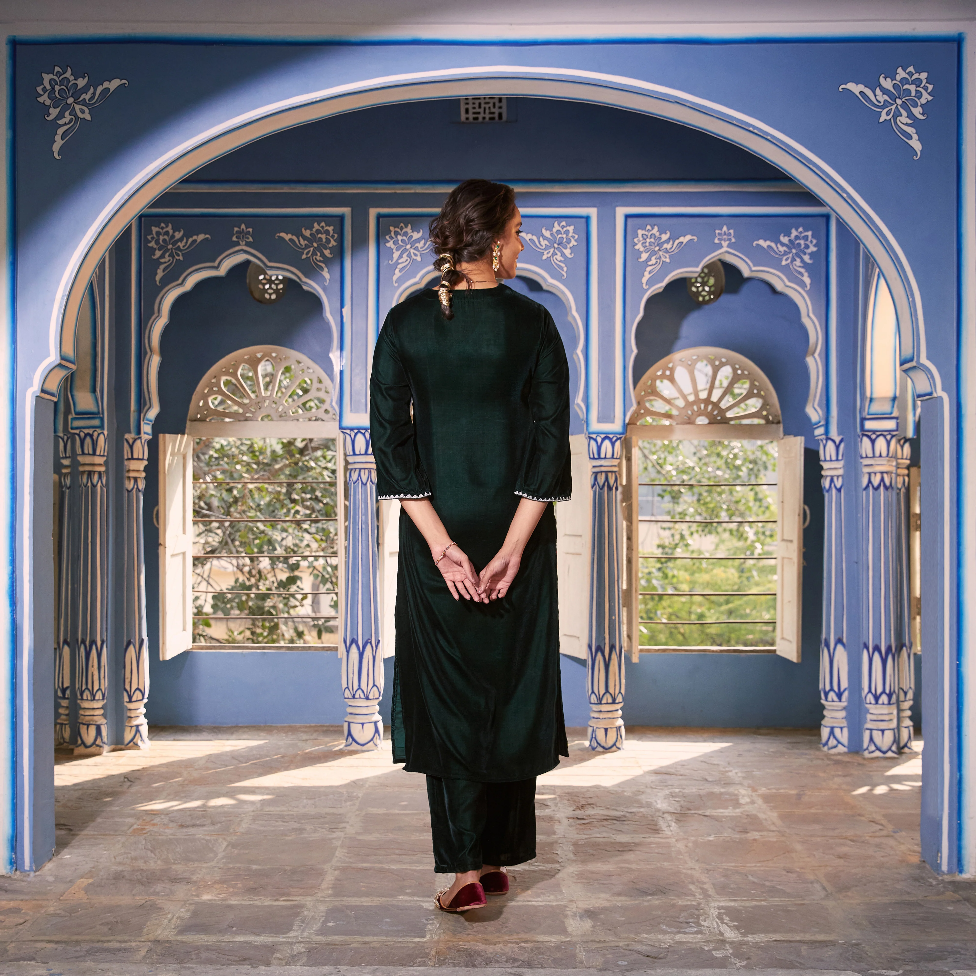 Emerald Green Velvet Floral V Neck Embroidered Kurta - Image 14