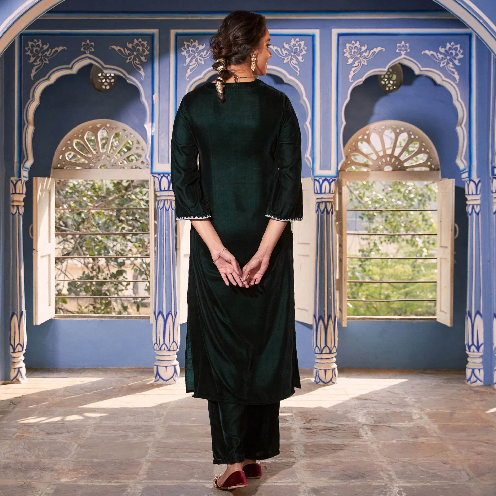 Emerald Green Velvet Floral V Neck Embroidered Kurta - Image 9