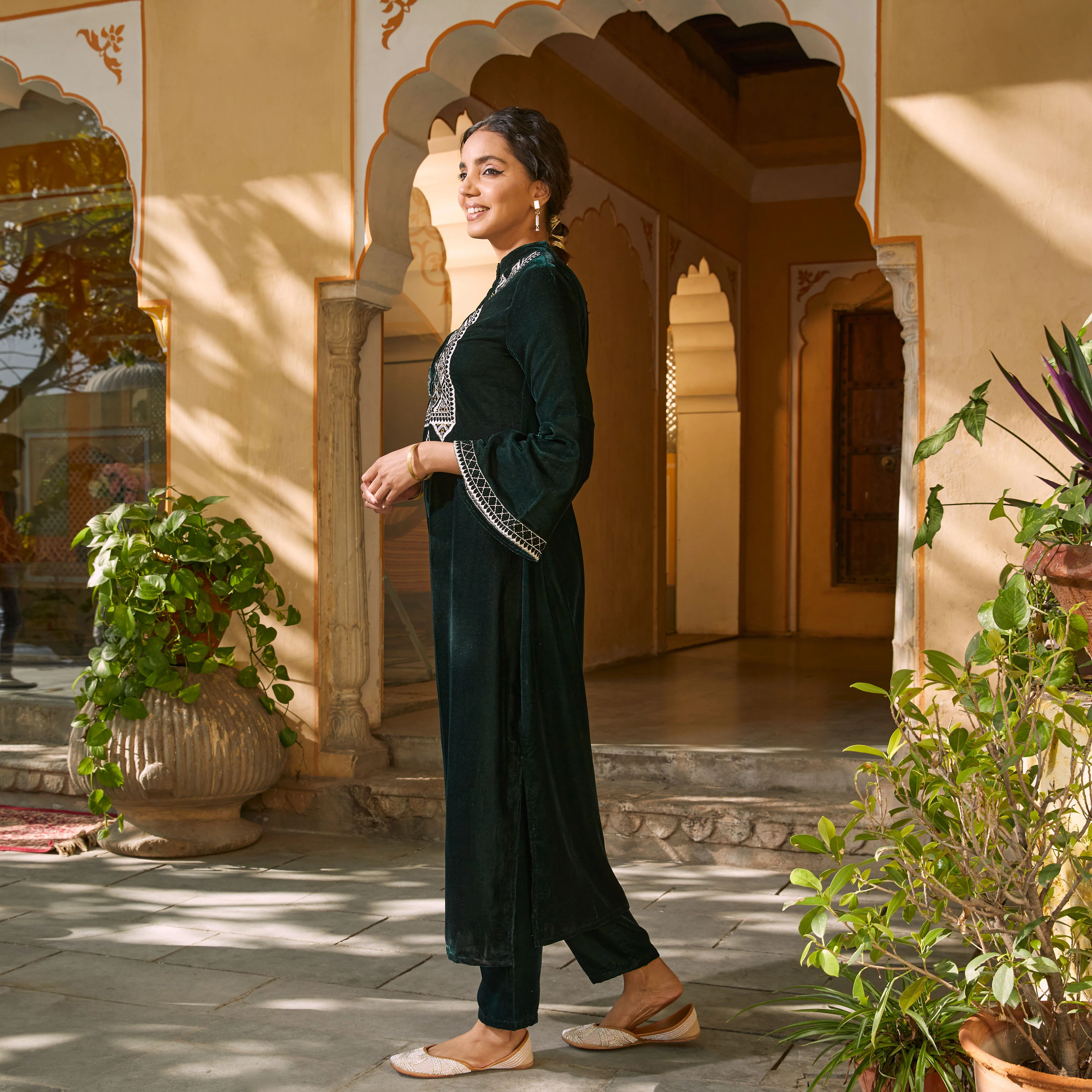 Emerald Green Embroidered Kurta with Bell Sleeves - Image 10
