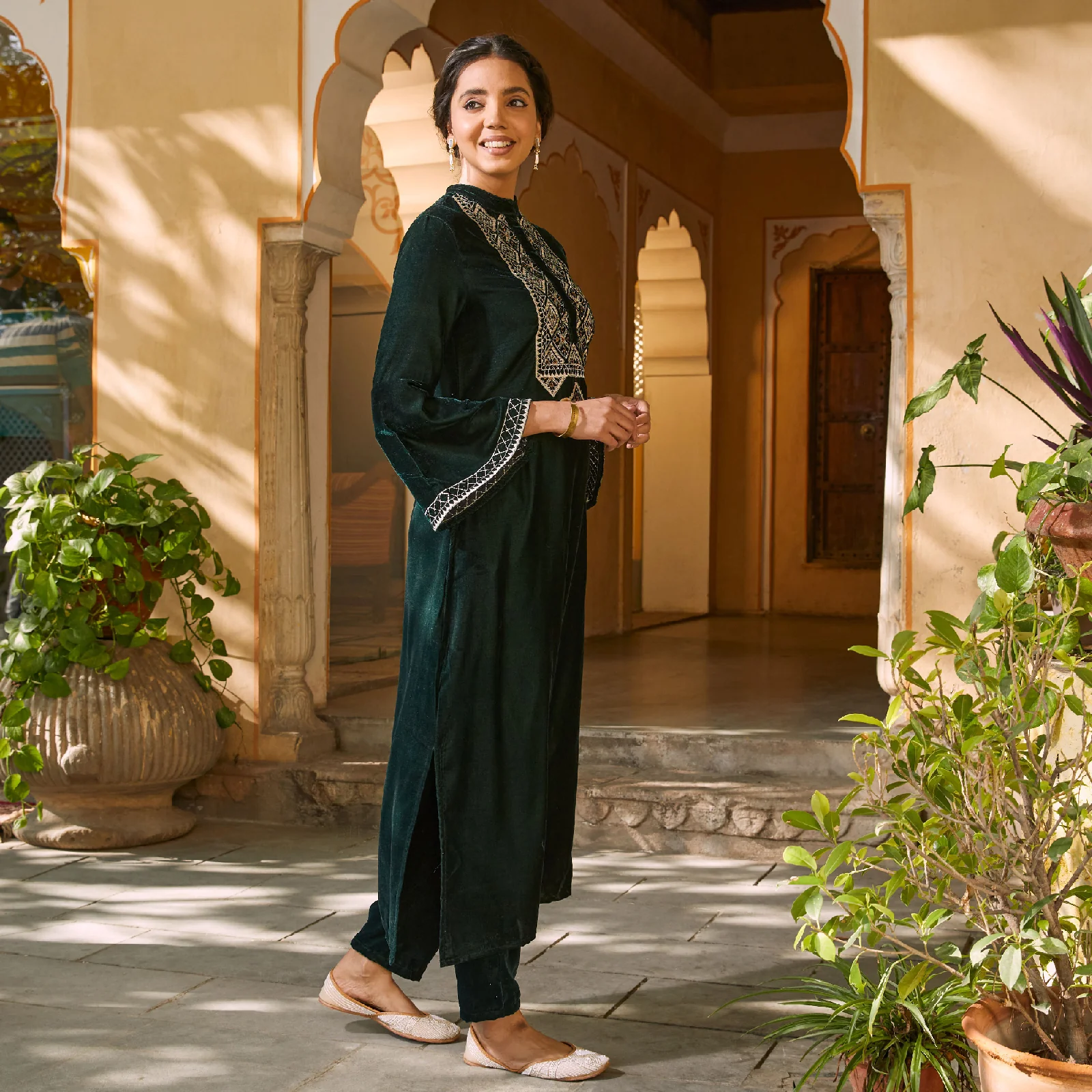 Emerald Green Embroidered Kurta with Bell Sleeves - Image 12