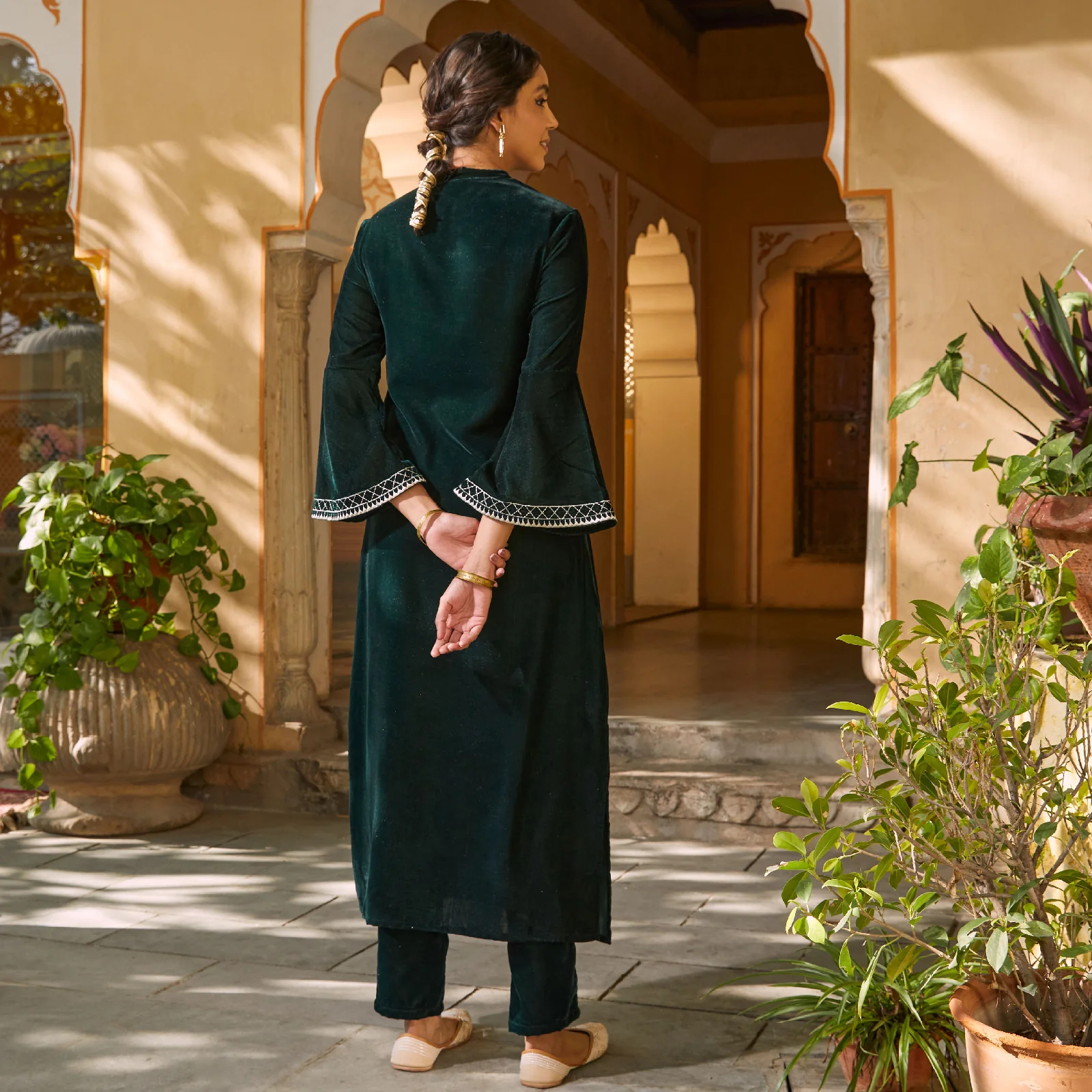 Emerald Green Embroidered Kurta with Bell Sleeves - Image 13