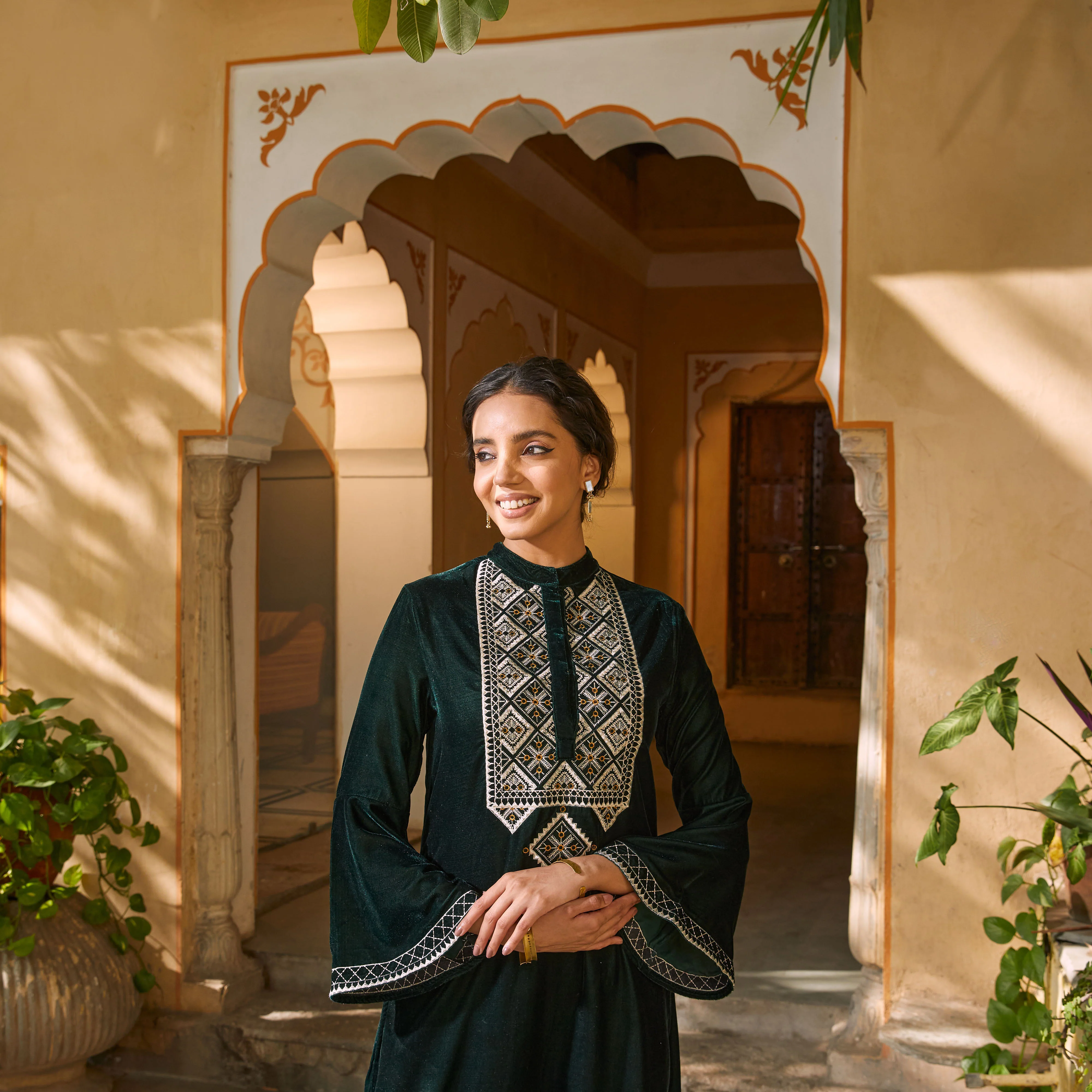 Emerald Green Embroidered Kurta with Bell Sleeves - Image 3