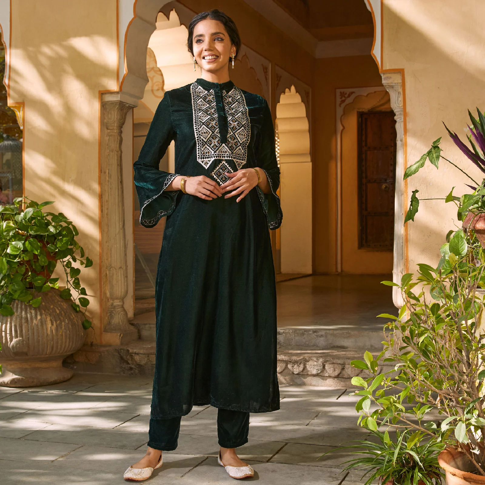 Emerald Green Embroidered Kurta with Bell Sleeves - Image 4
