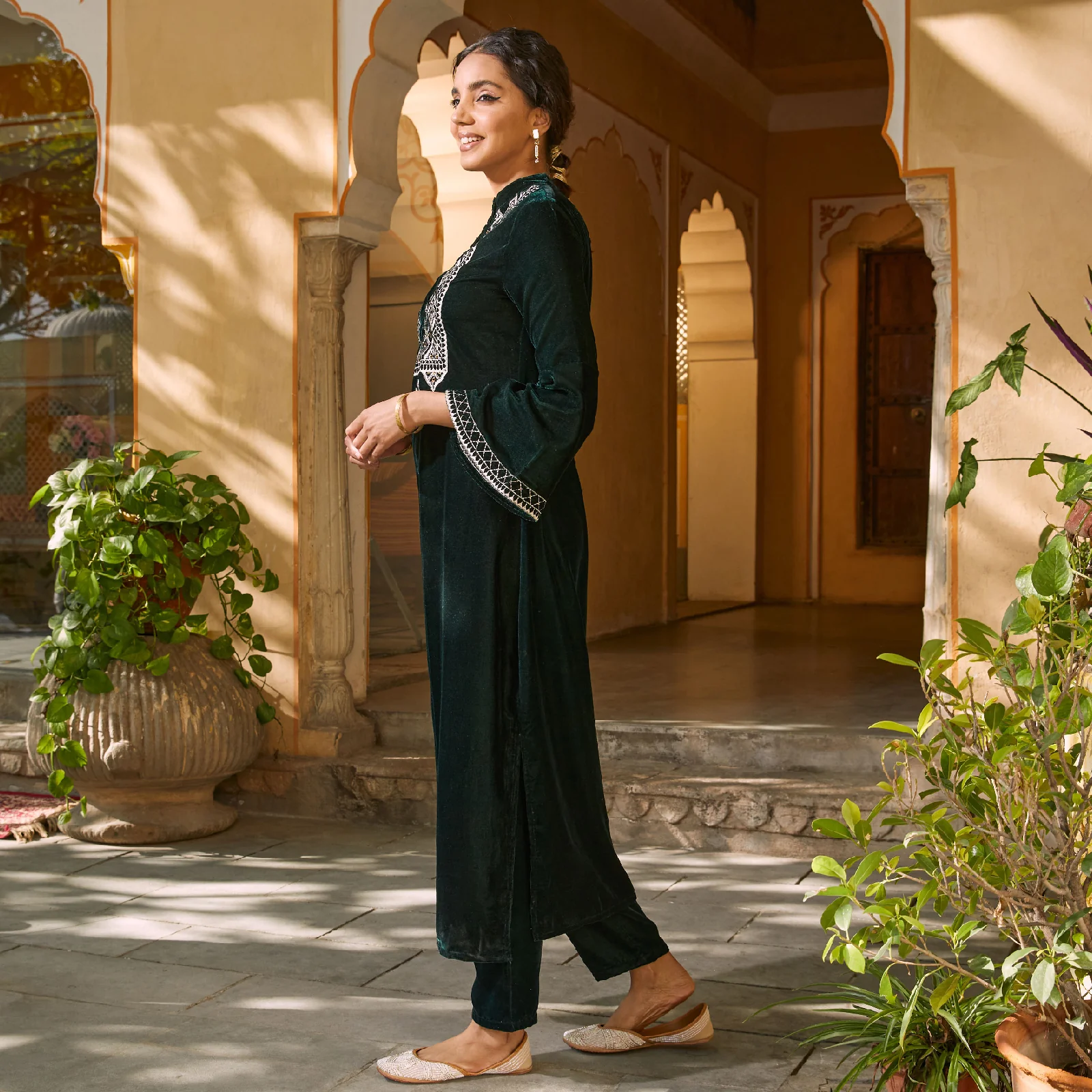 Emerald Green Embroidered Kurta with Bell Sleeves - Image 6