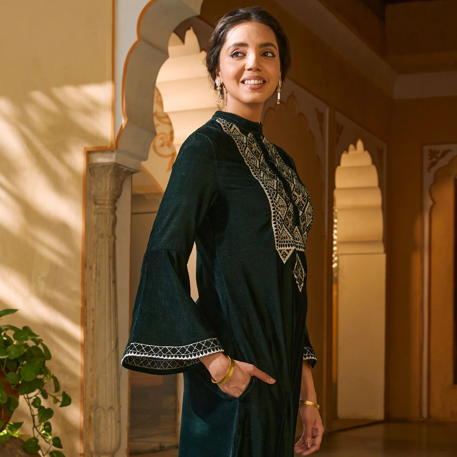 Emerald Green Embroidered Kurta with Bell Sleeves - Image 7