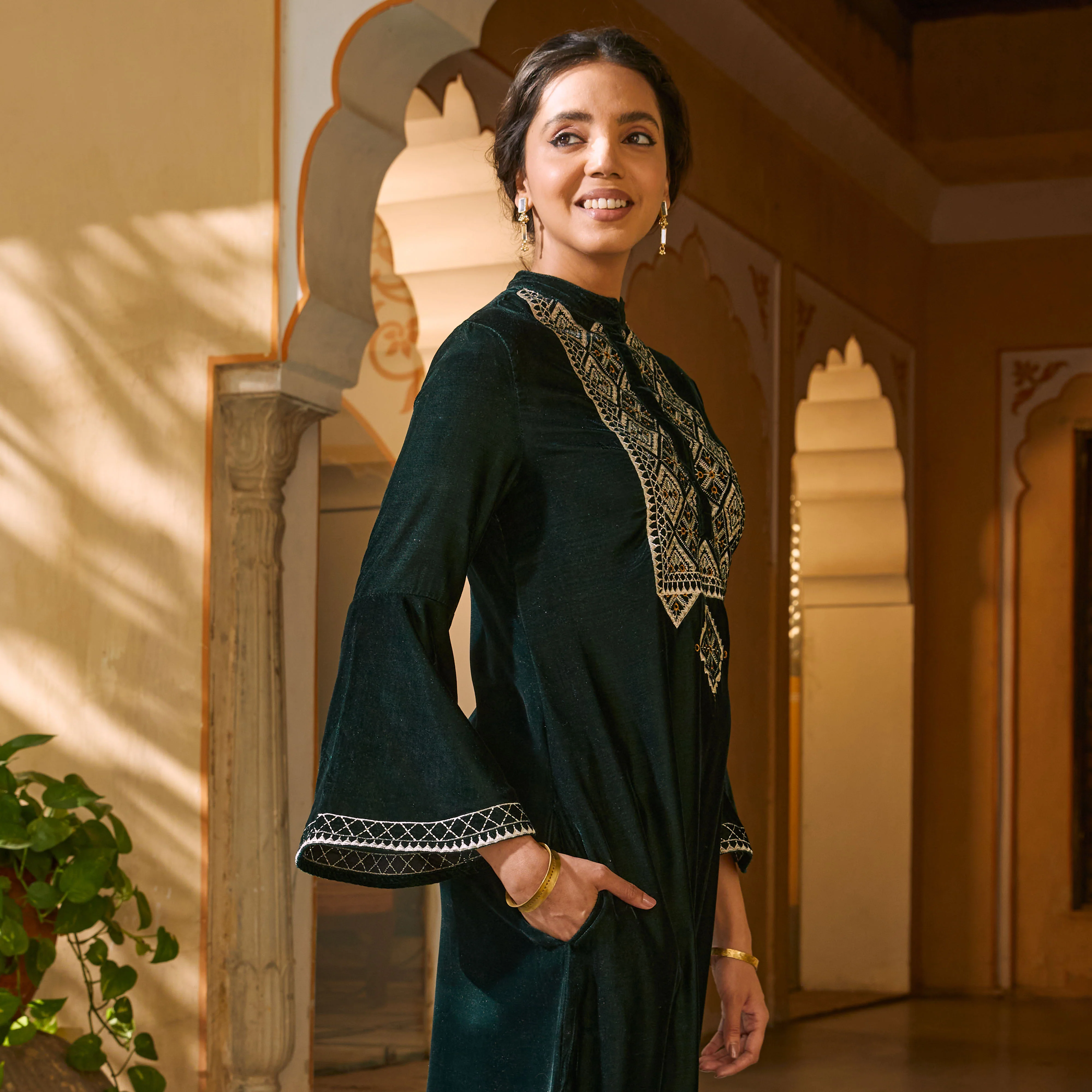 Emerald Green Embroidered Kurta with Bell Sleeves - Image 9