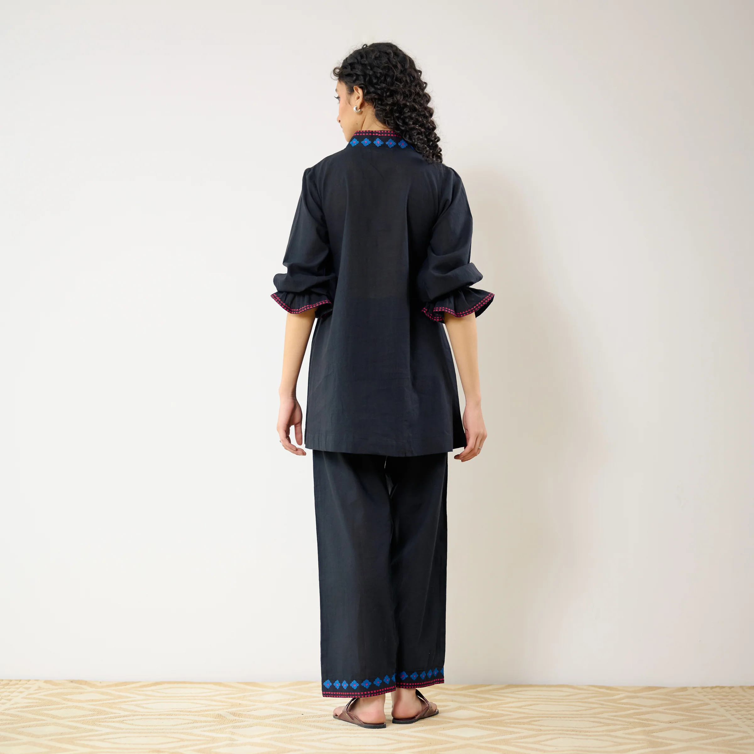 Flounce Sleeved Embroidered Slub Cotton Co-ord Set - Black - Image 9