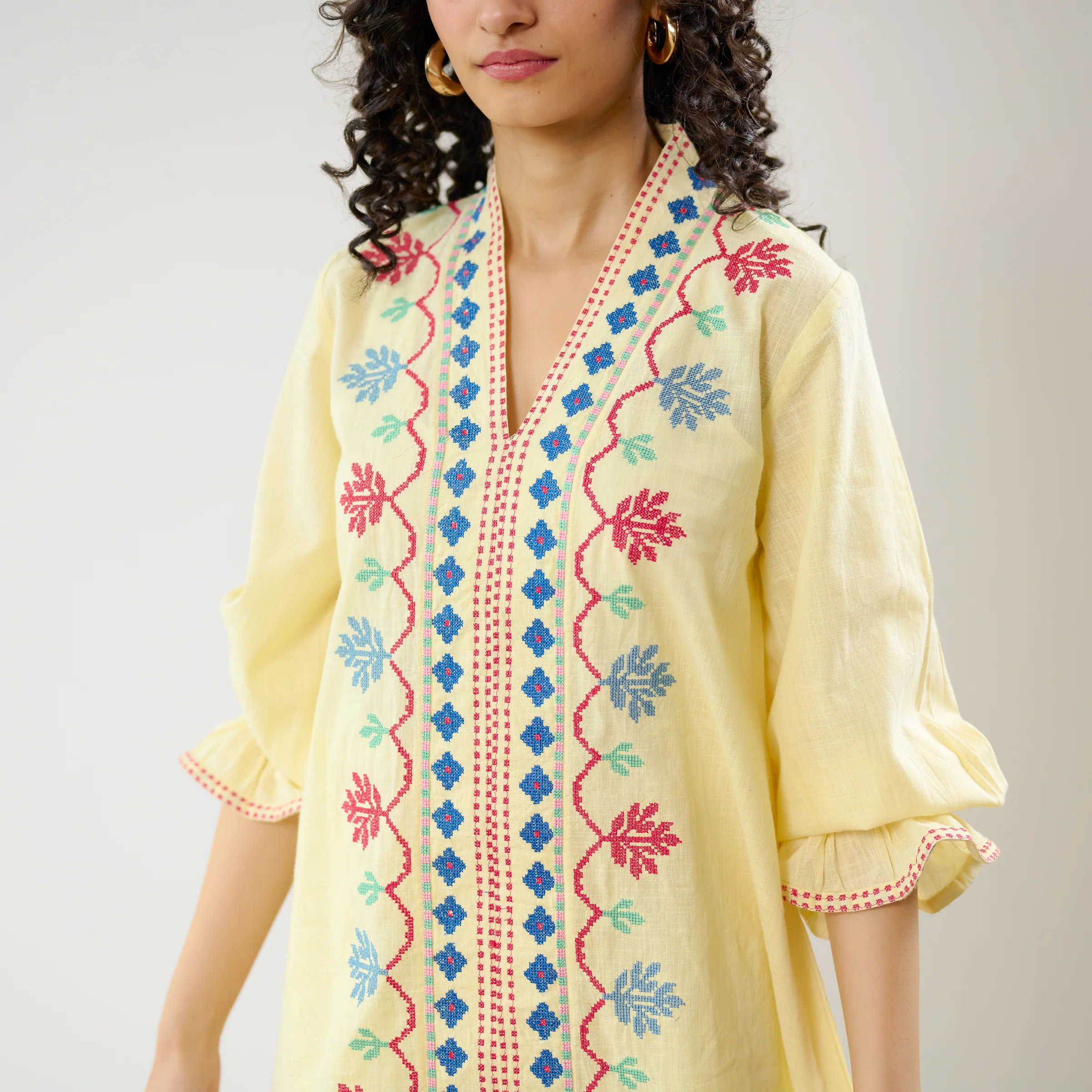Flounce Sleeved Embroidered Slub Cotton Co-ord Set - Mango Yellow - Image 3