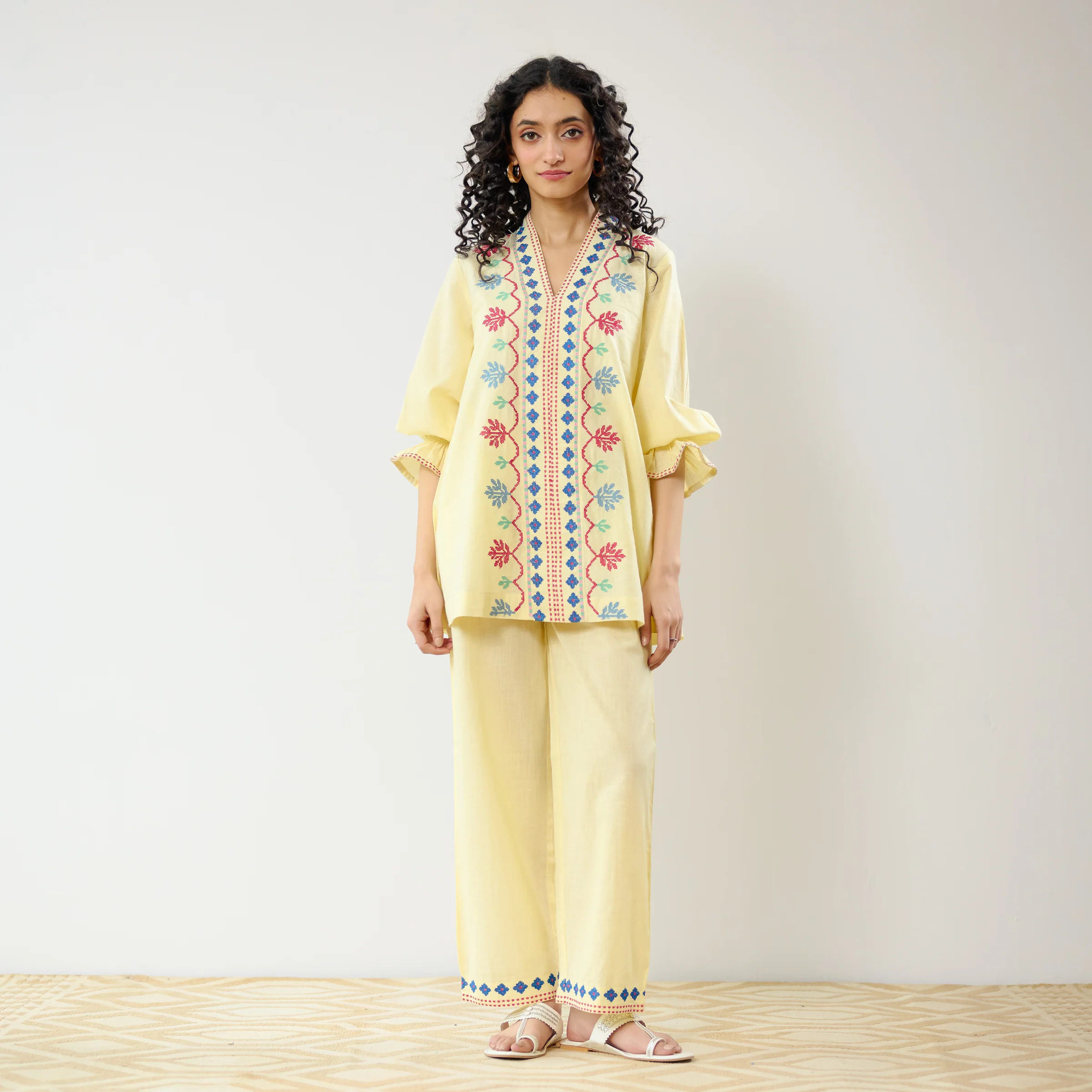 Flounce Sleeved Embroidered Slub Cotton Co-ord Set - Mango Yellow - Image 5