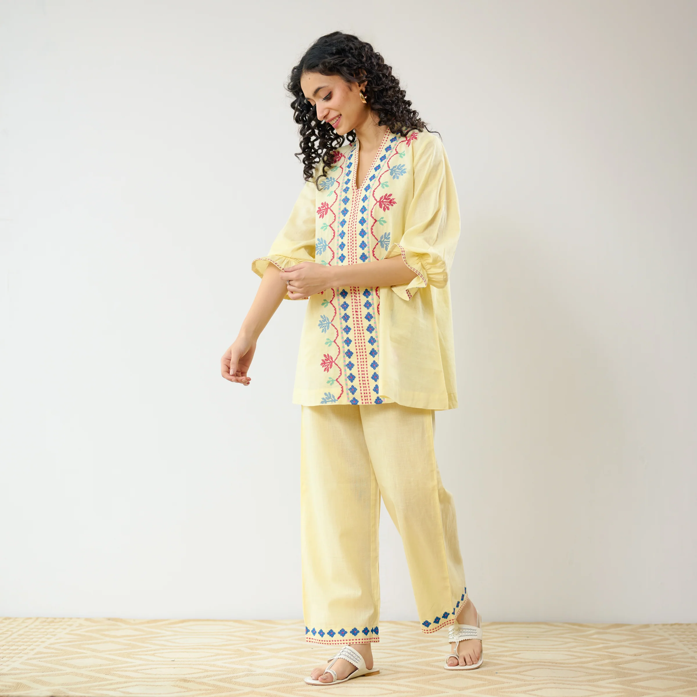 Flounce Sleeved Embroidered Slub Cotton Co-ord Set - Mango Yellow - Image 6