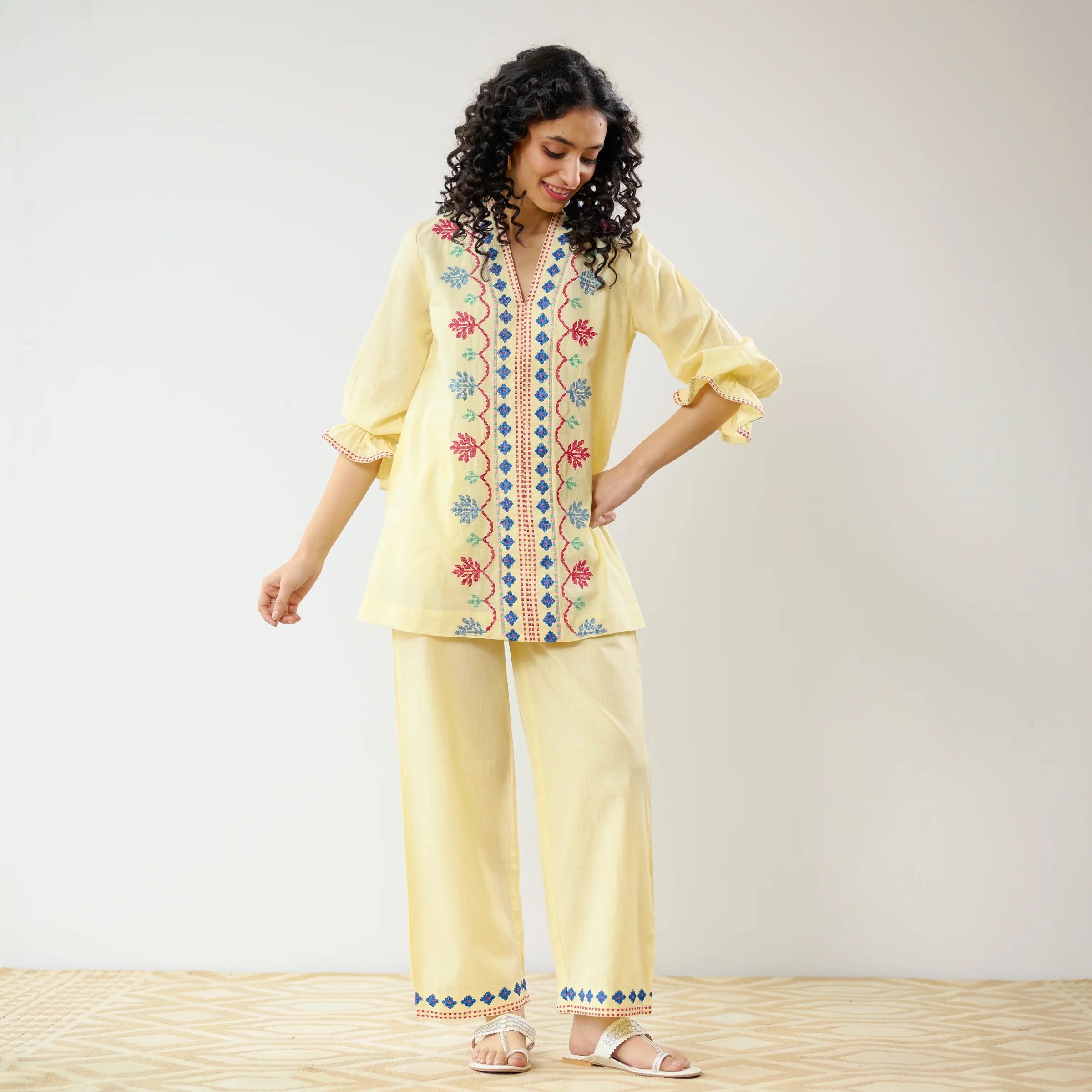 Flounce Sleeved Embroidered Slub Cotton Co-ord Set - Mango Yellow - Image 7
