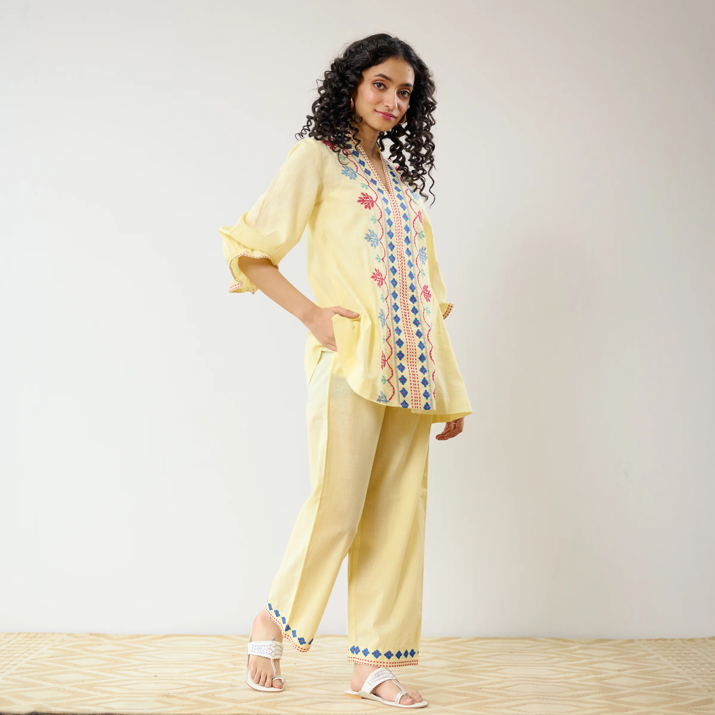 Flounce Sleeved Embroidered Slub Cotton Co-ord Set - Mango Yellow - Image 8
