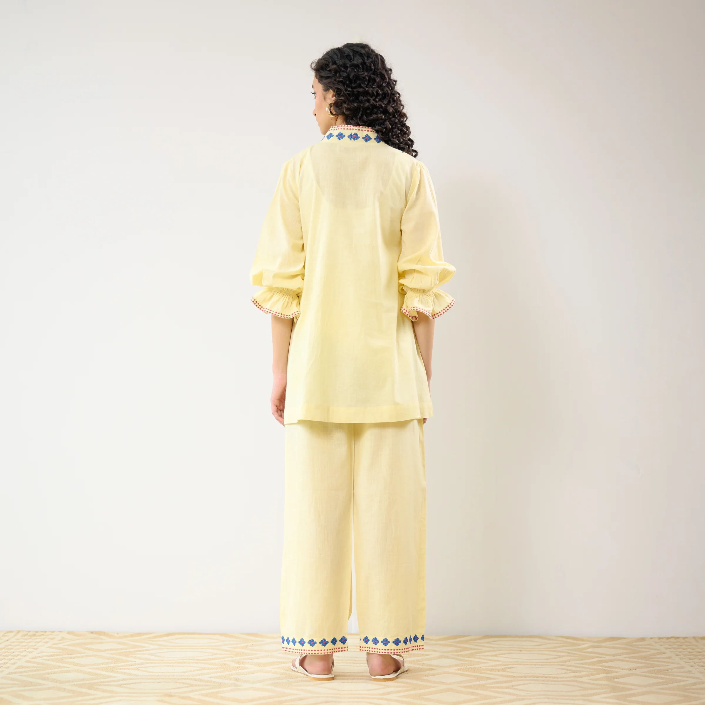 Flounce Sleeved Embroidered Slub Cotton Co-ord Set - Mango Yellow - Image 9
