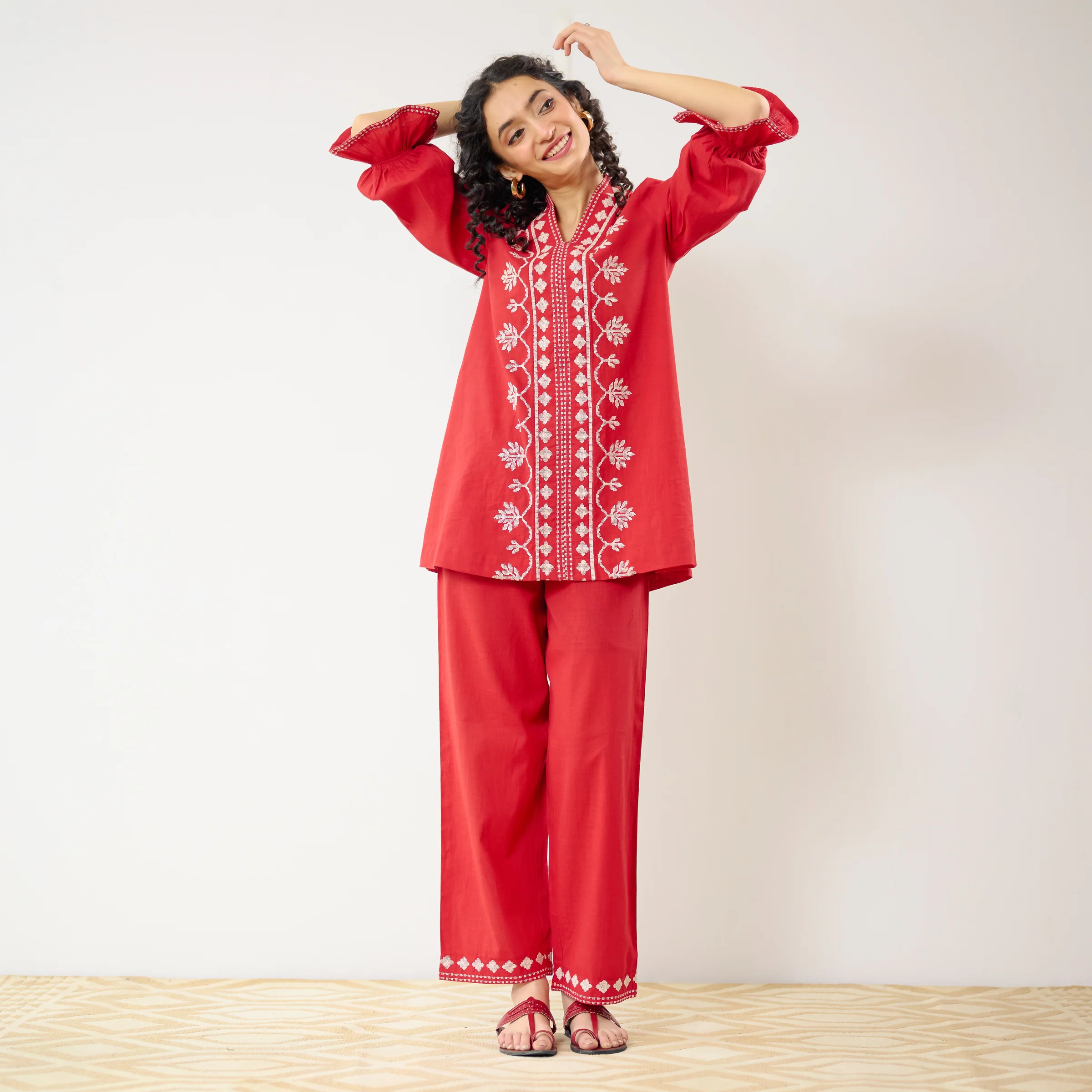 Flounce Sleeved Embroidered Slub Cotton Co-ord Set - Red - Image 5