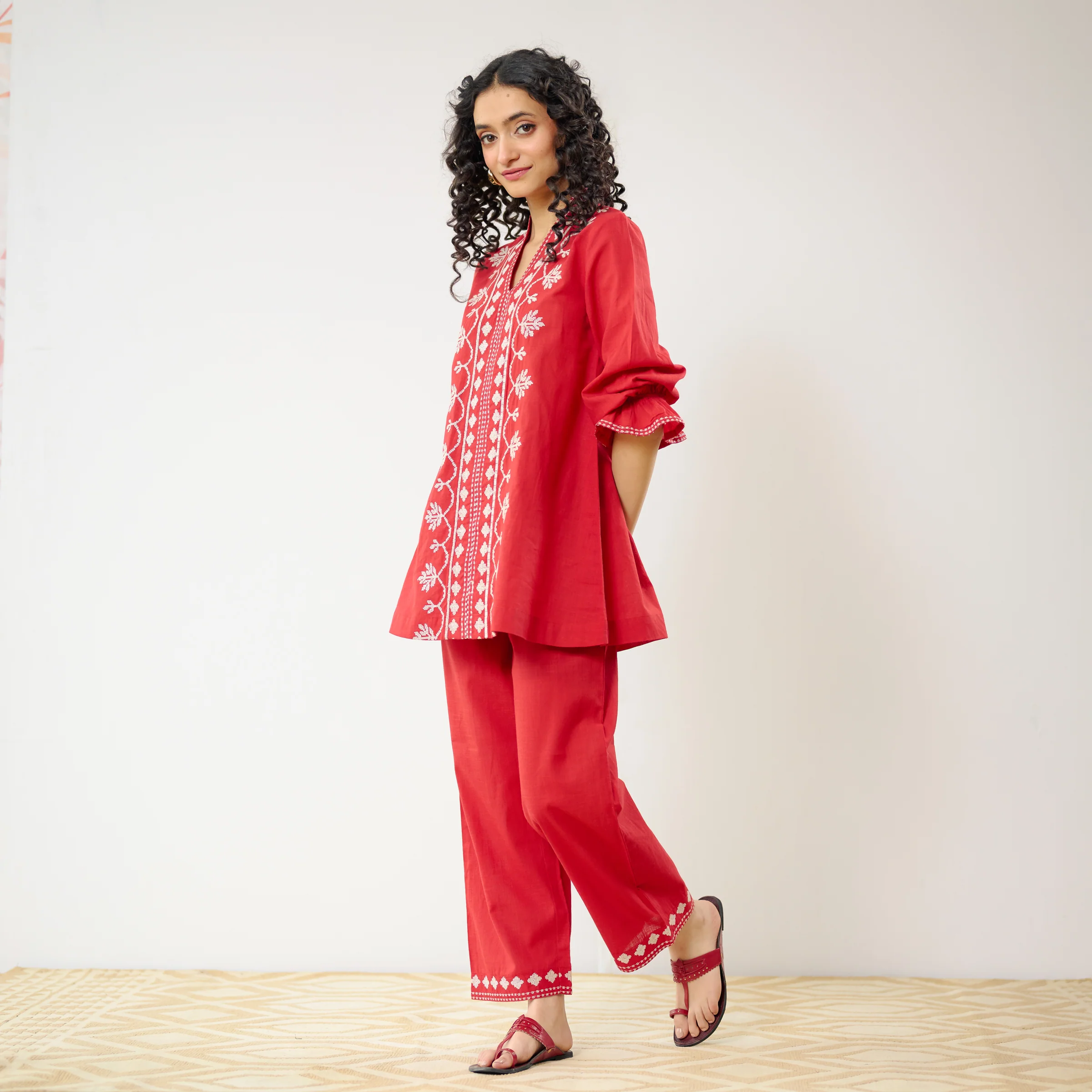 Flounce Sleeved Embroidered Slub Cotton Co-ord Set - Red - Image 6