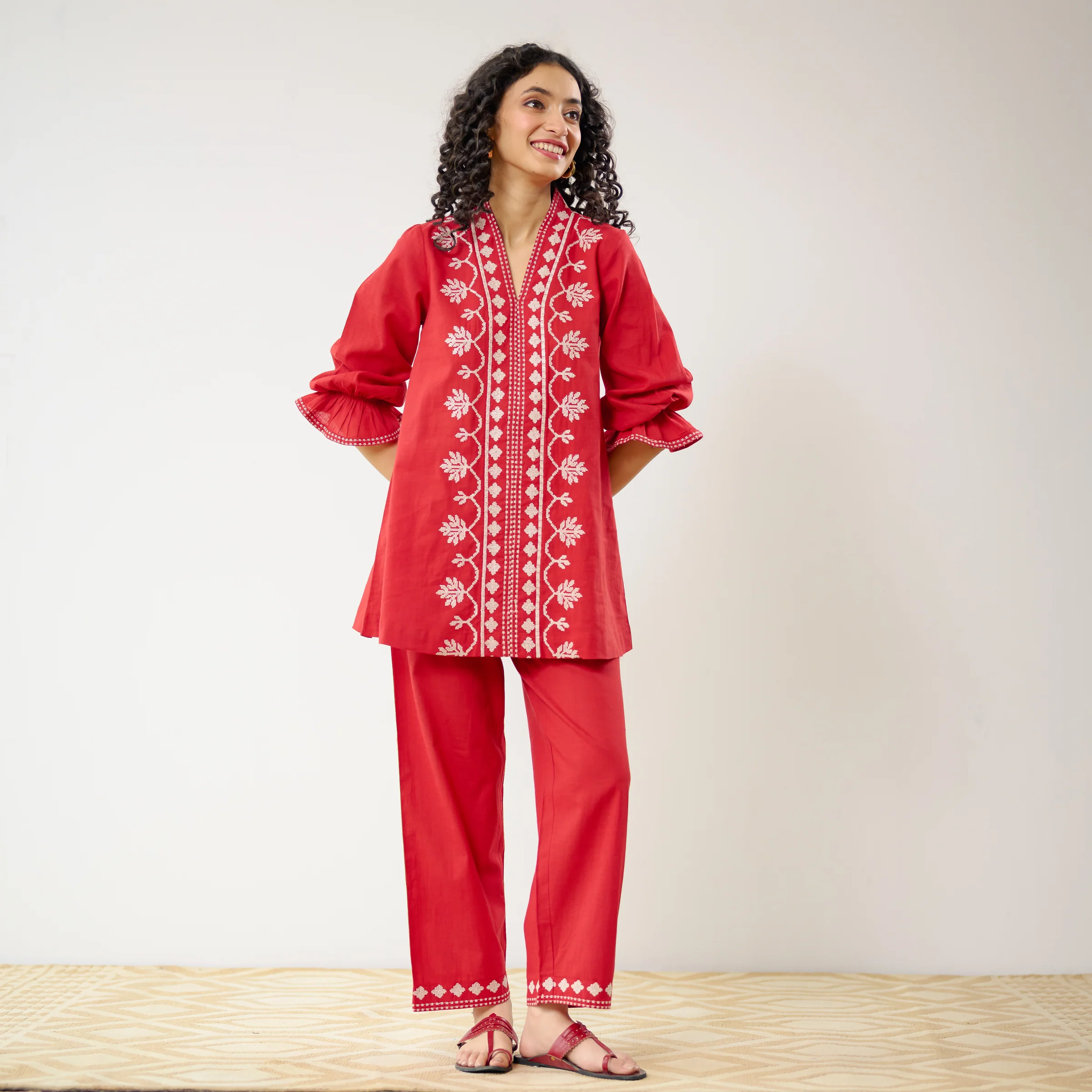 Flounce Sleeved Embroidered Slub Cotton Co-ord Set - Red - Image 7