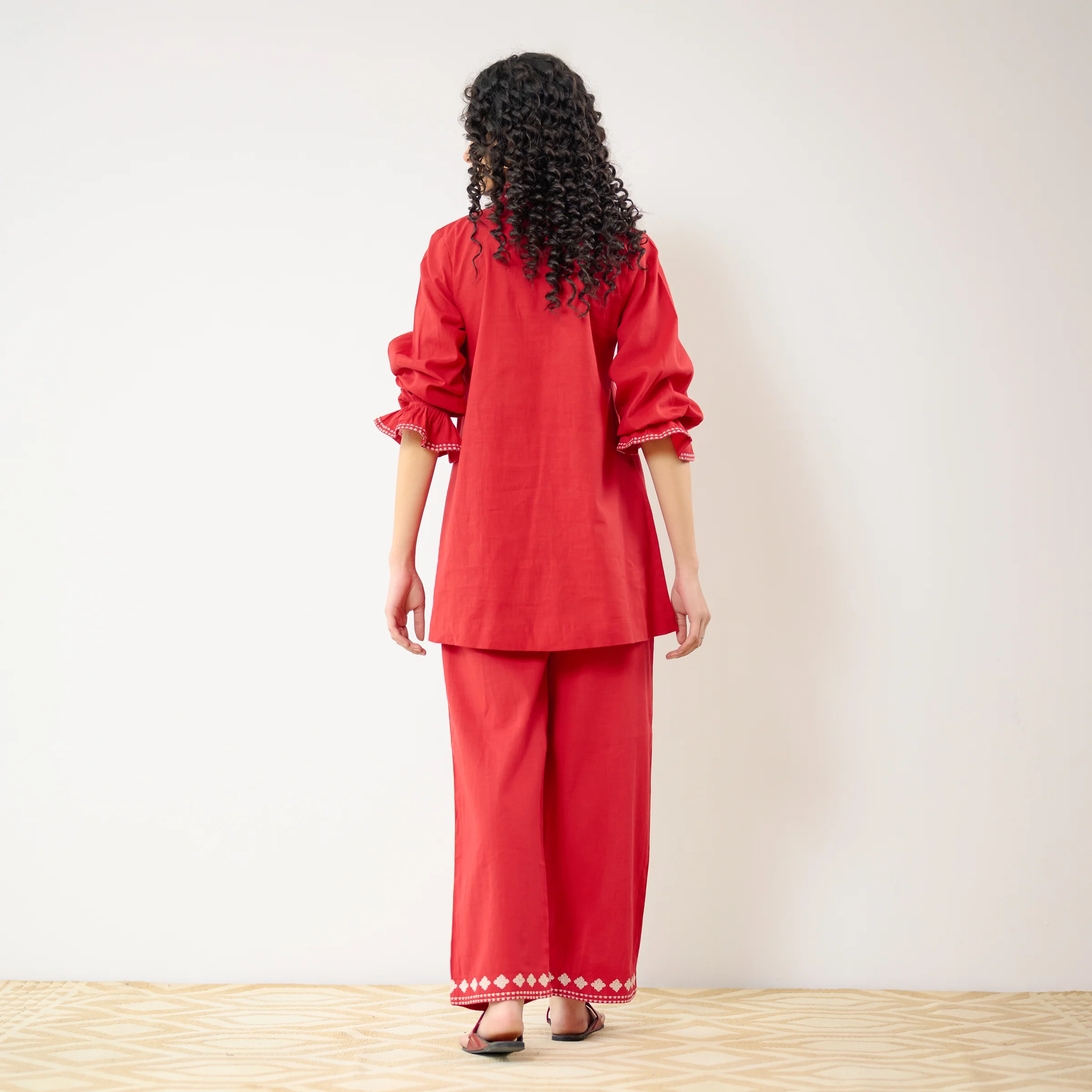 Flounce Sleeved Embroidered Slub Cotton Co-ord Set - Red - Image 8