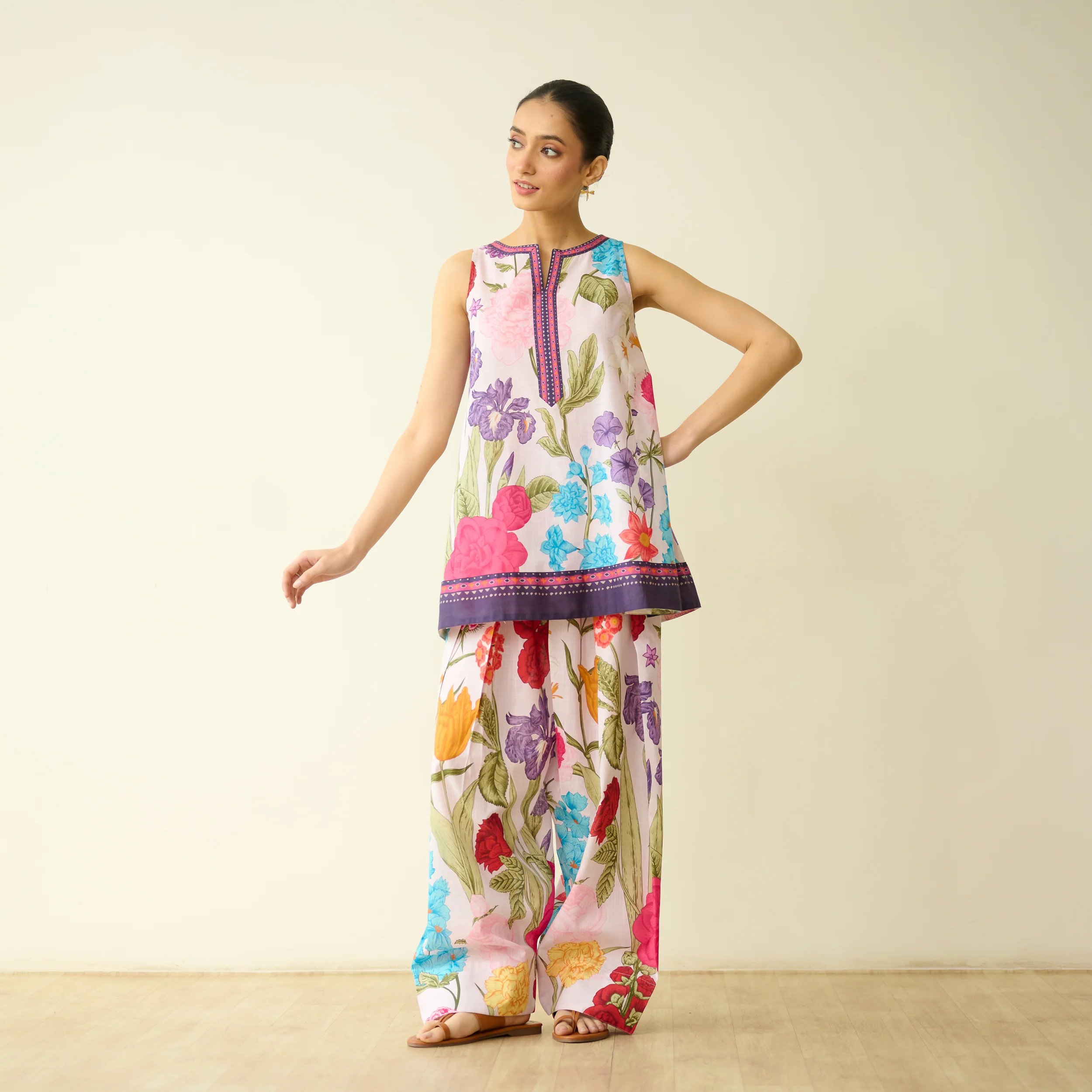 Flower Garden Slub Cotton Farsi Coord Set - Soft Pink - Image 3