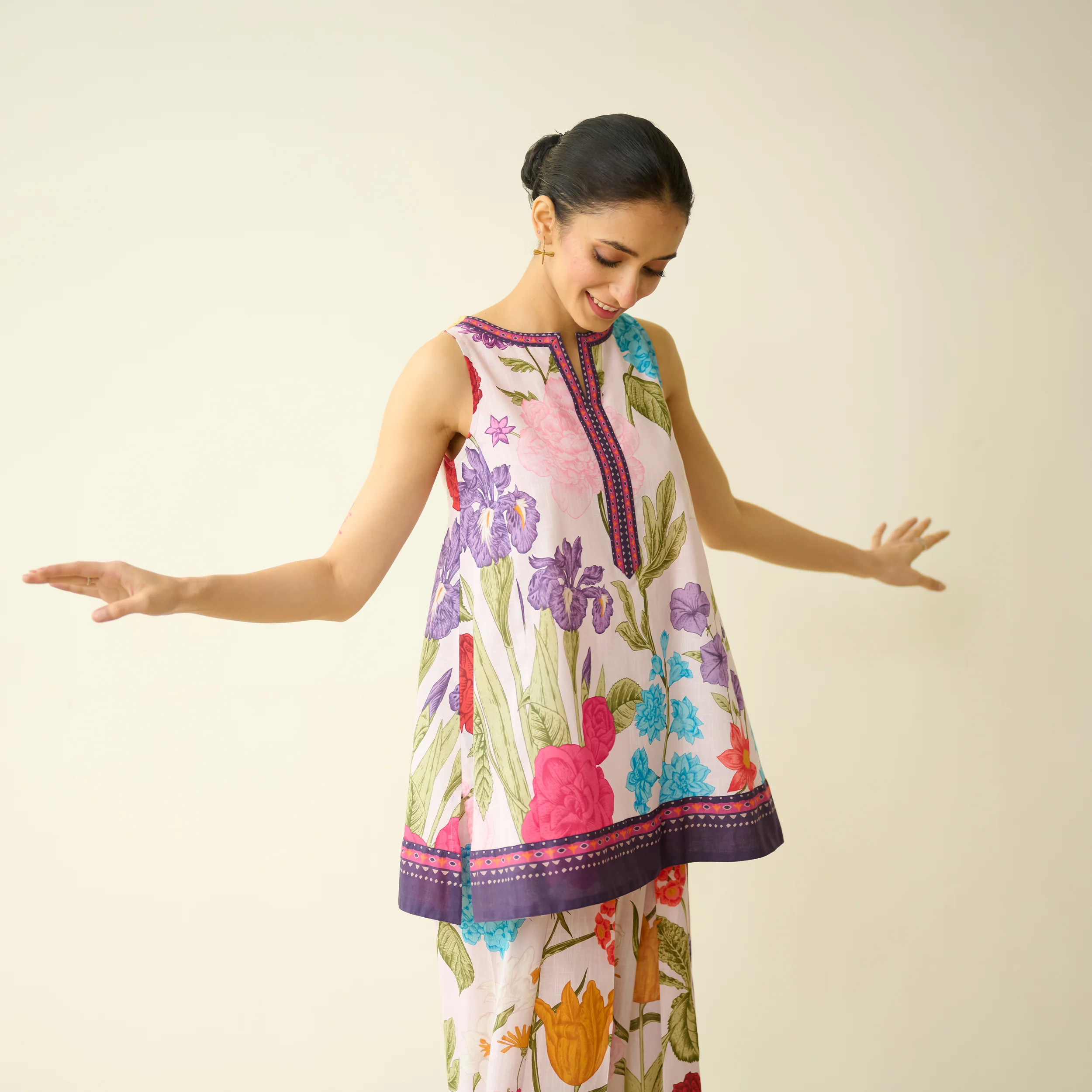 Flower Garden Slub Cotton Farsi Coord Set - Soft Pink - Image 5