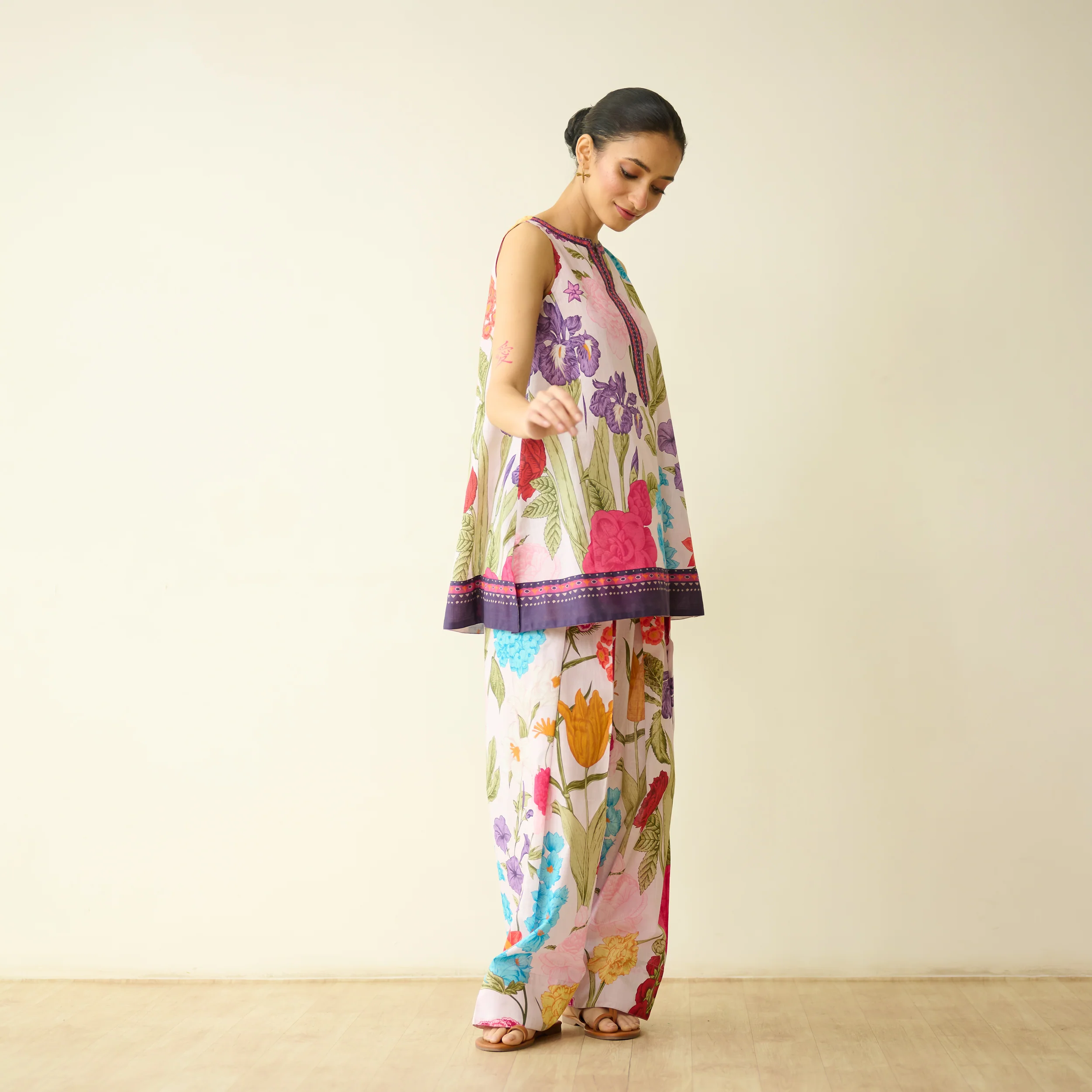 Flower Garden Slub Cotton Farsi Coord Set - Soft Pink - Image 6