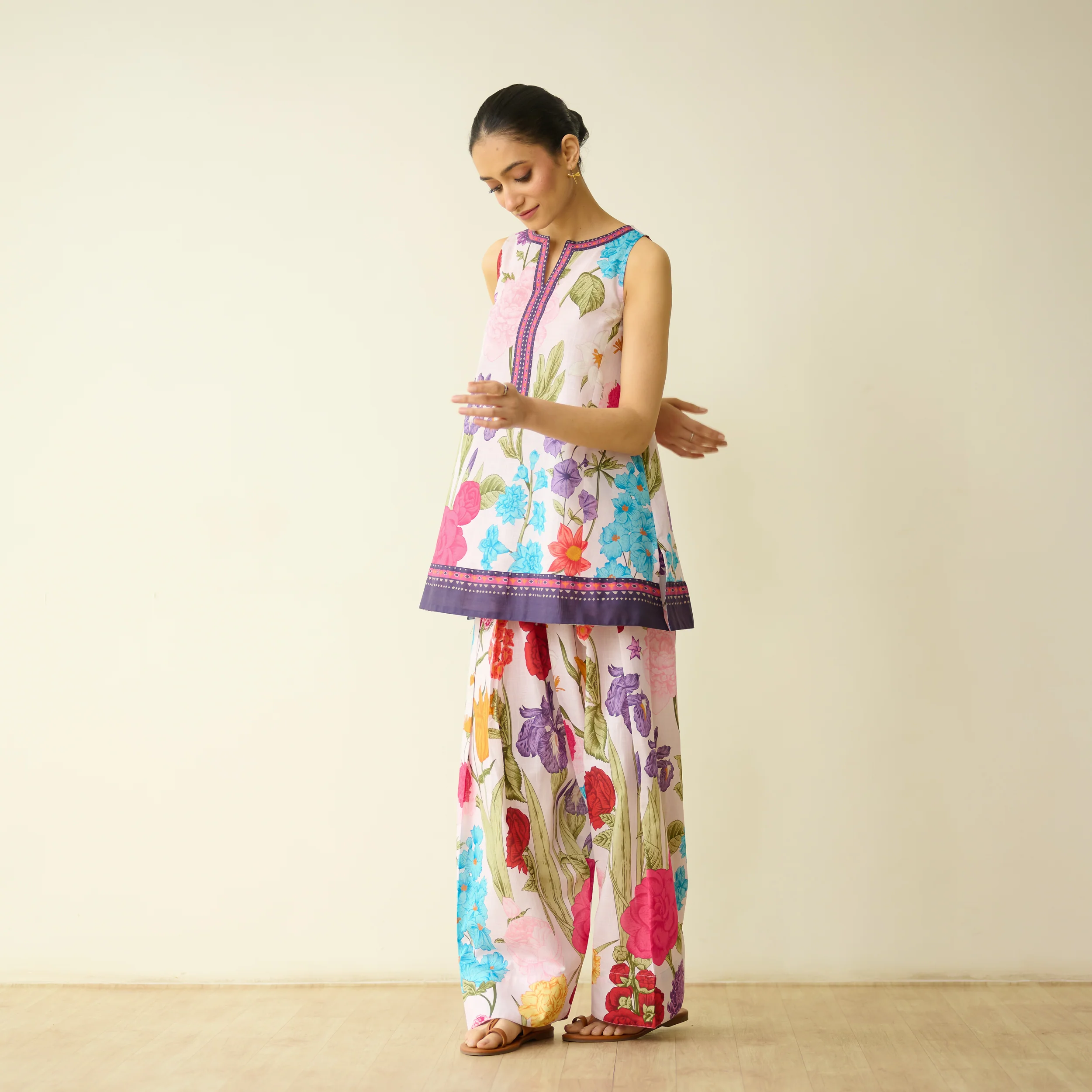 Flower Garden Slub Cotton Farsi Coord Set - Soft Pink - Image 7