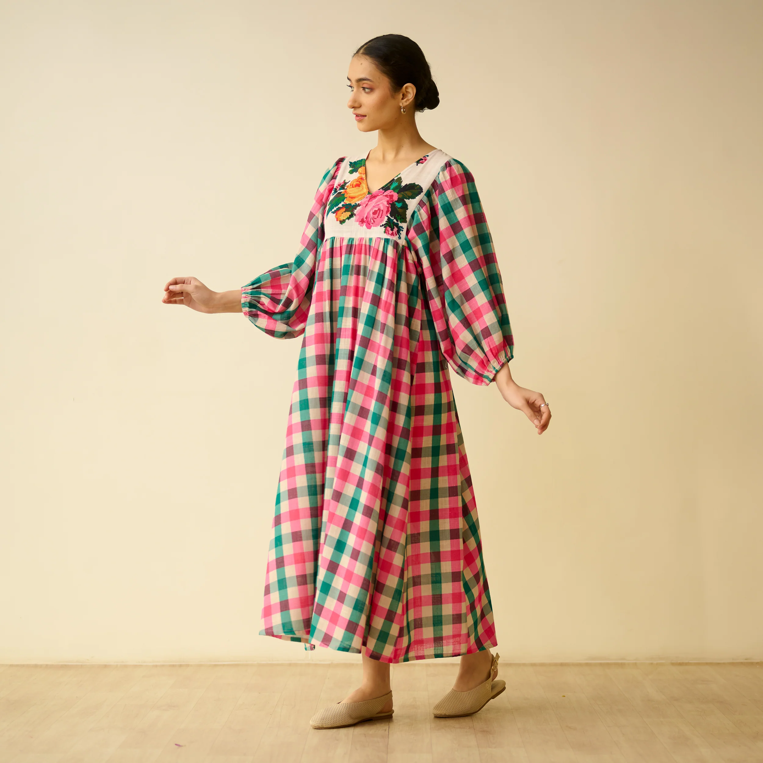 Folk Song Fine Slub Cotton Dress - Pink and Green - Image 10