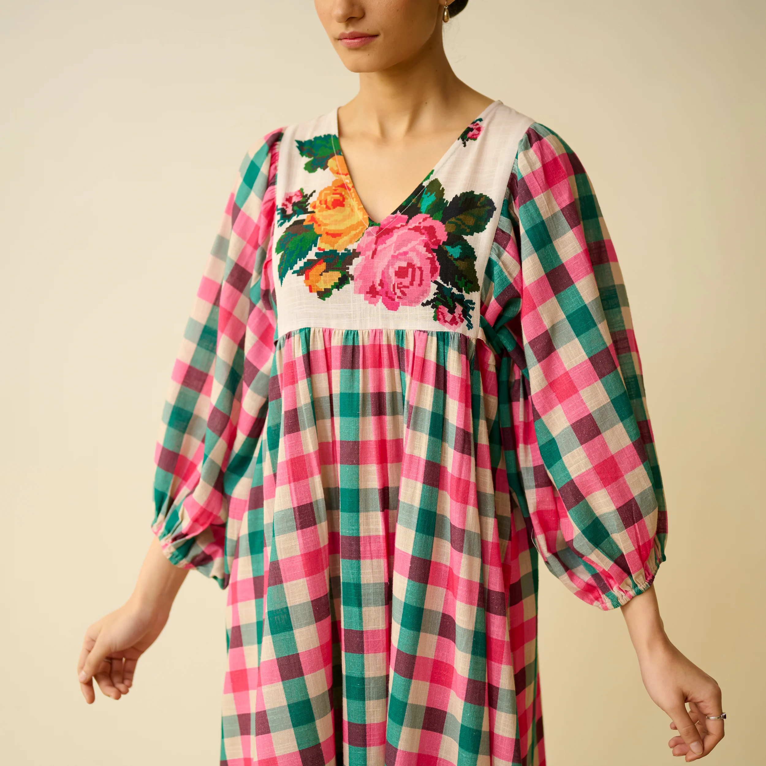 Folk Song Fine Slub Cotton Dress - Pink and Green - Image 2
