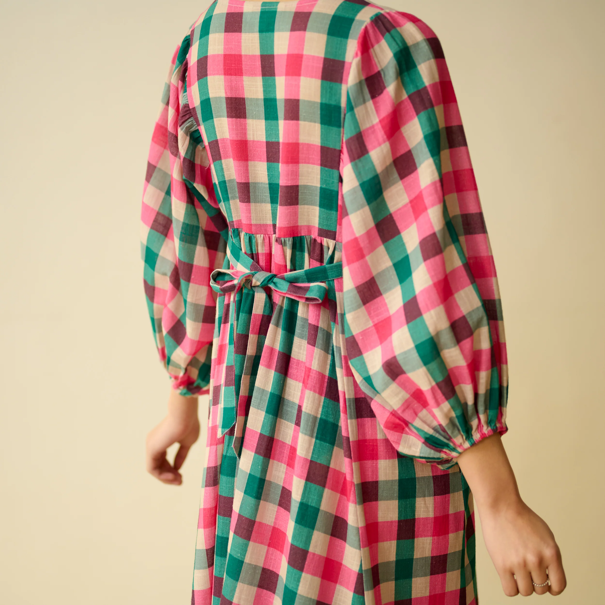 Folk Song Fine Slub Cotton Dress - Pink and Green - Image 3
