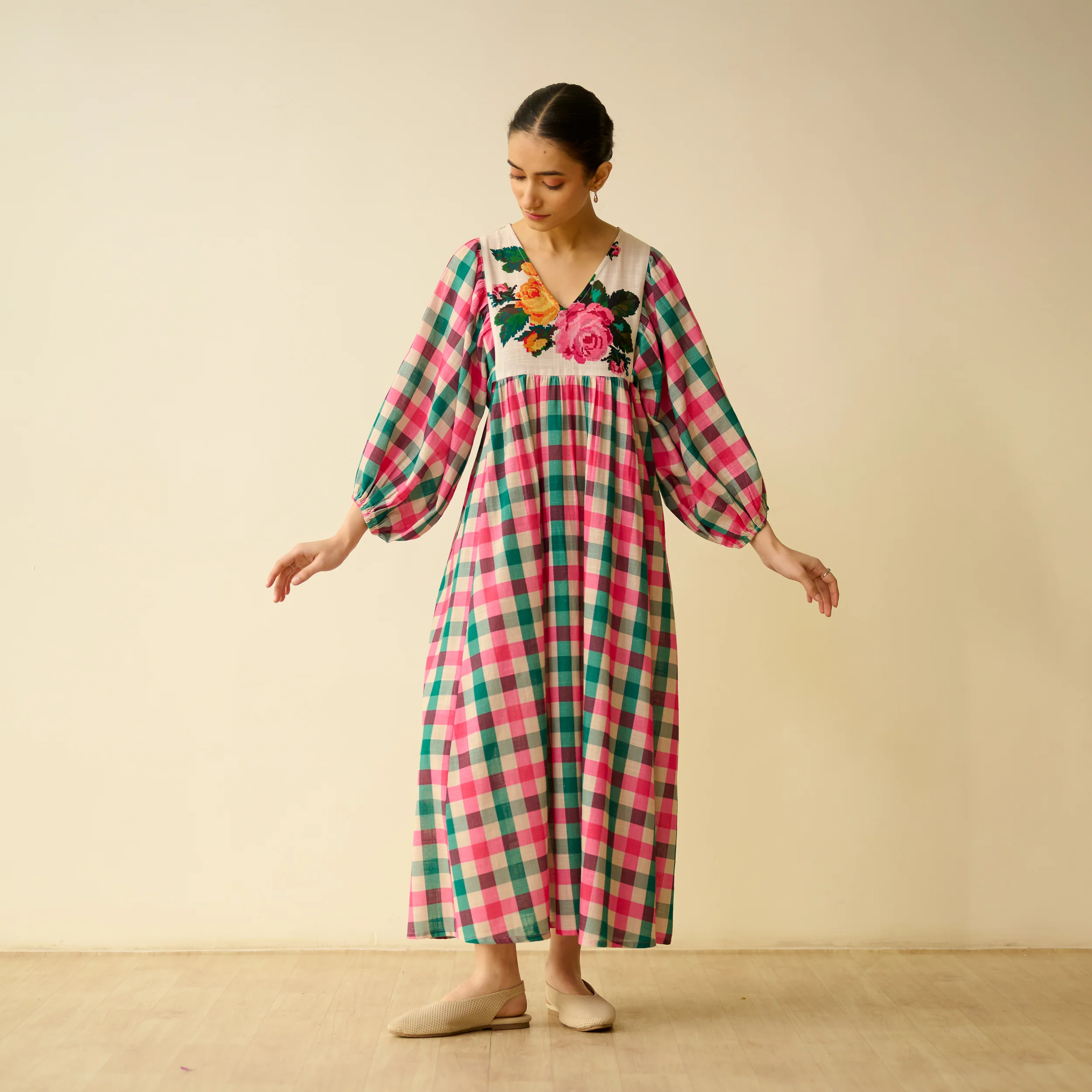 Folk Song Fine Slub Cotton Dress - Pink and Green - Image 4