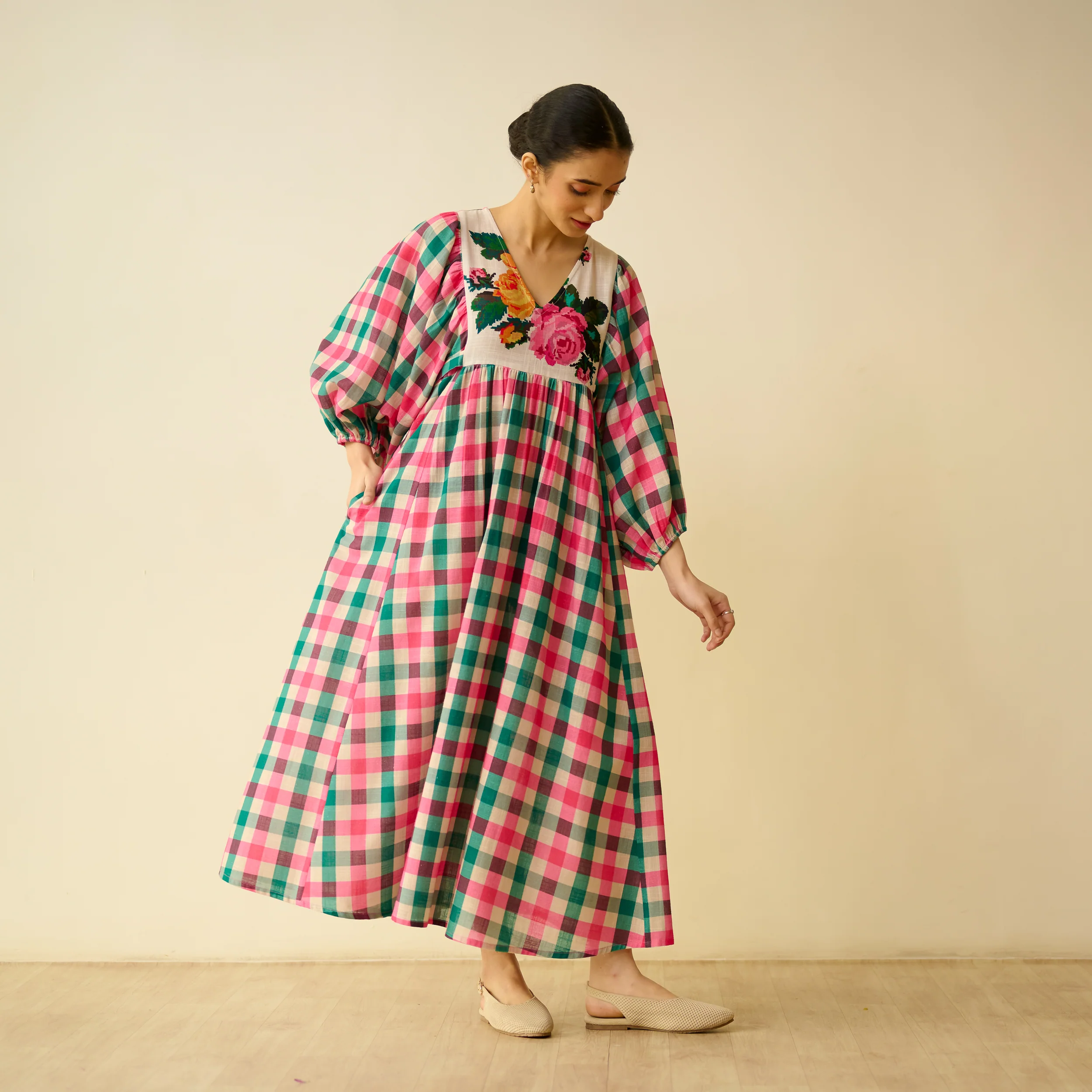Folk Song Fine Slub Cotton Dress - Pink and Green - Image 5