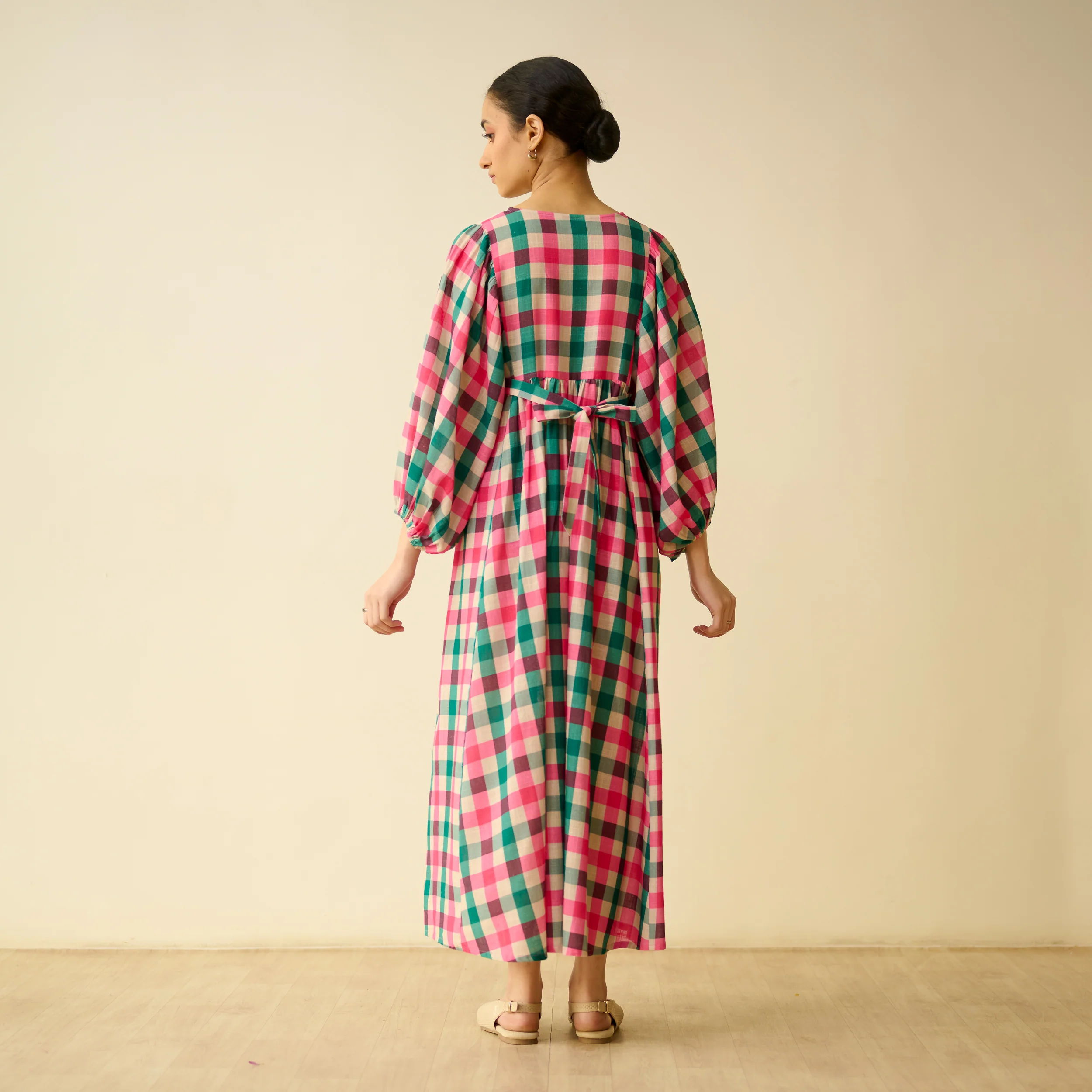 Folk Song Fine Slub Cotton Dress - Pink and Green - Image 6