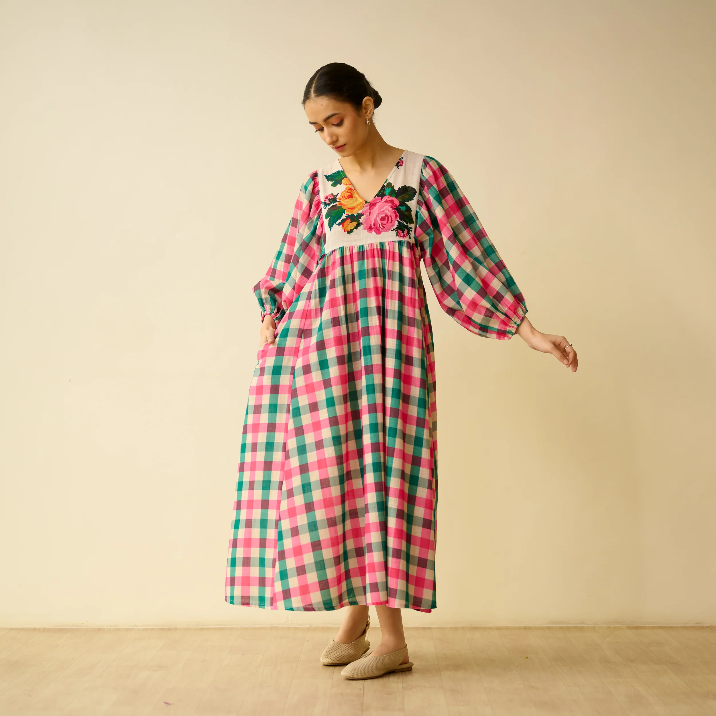 Folk Song Fine Slub Cotton Dress - Pink and Green - Image 7
