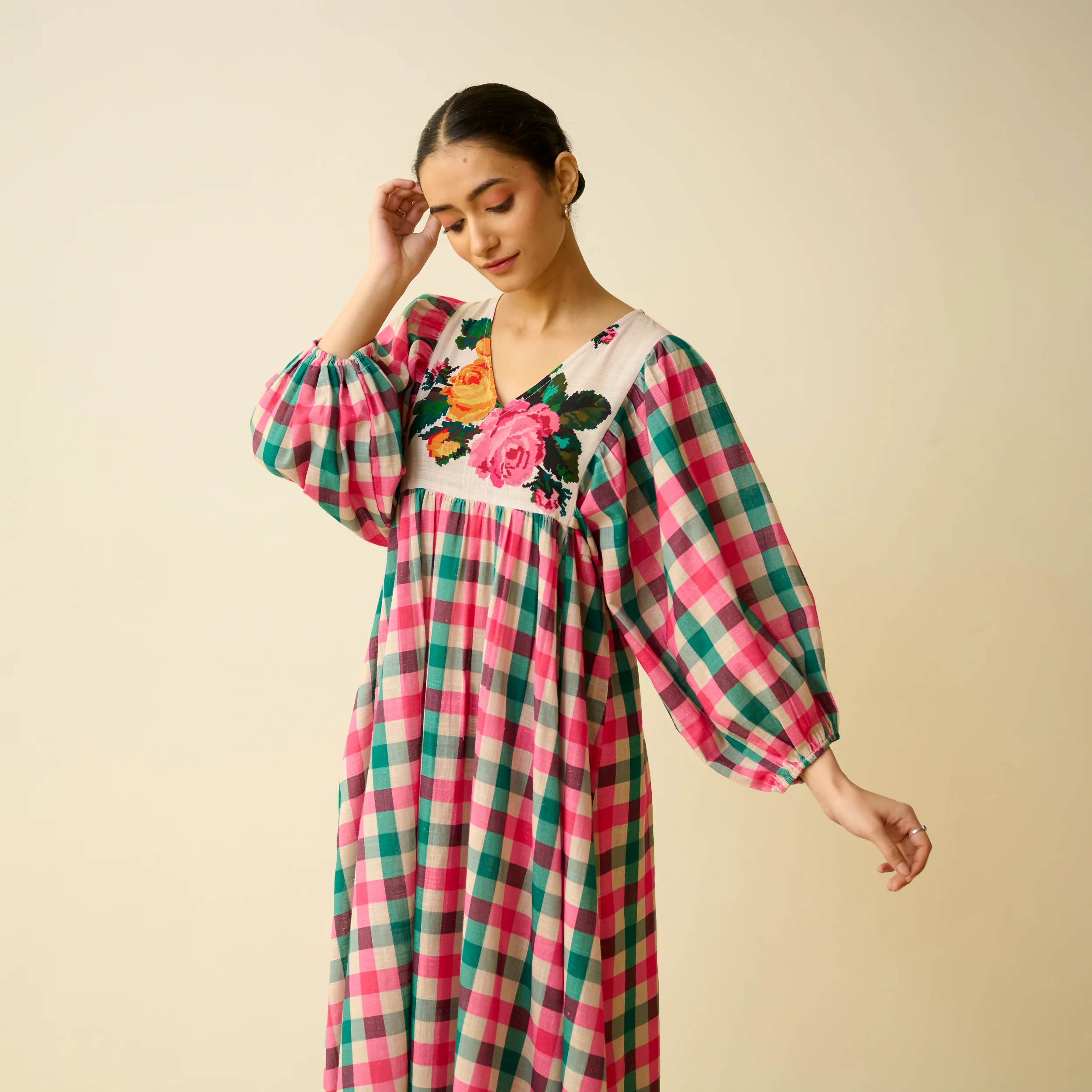 Folk Song Fine Slub Cotton Dress - Pink and Green - Image 8