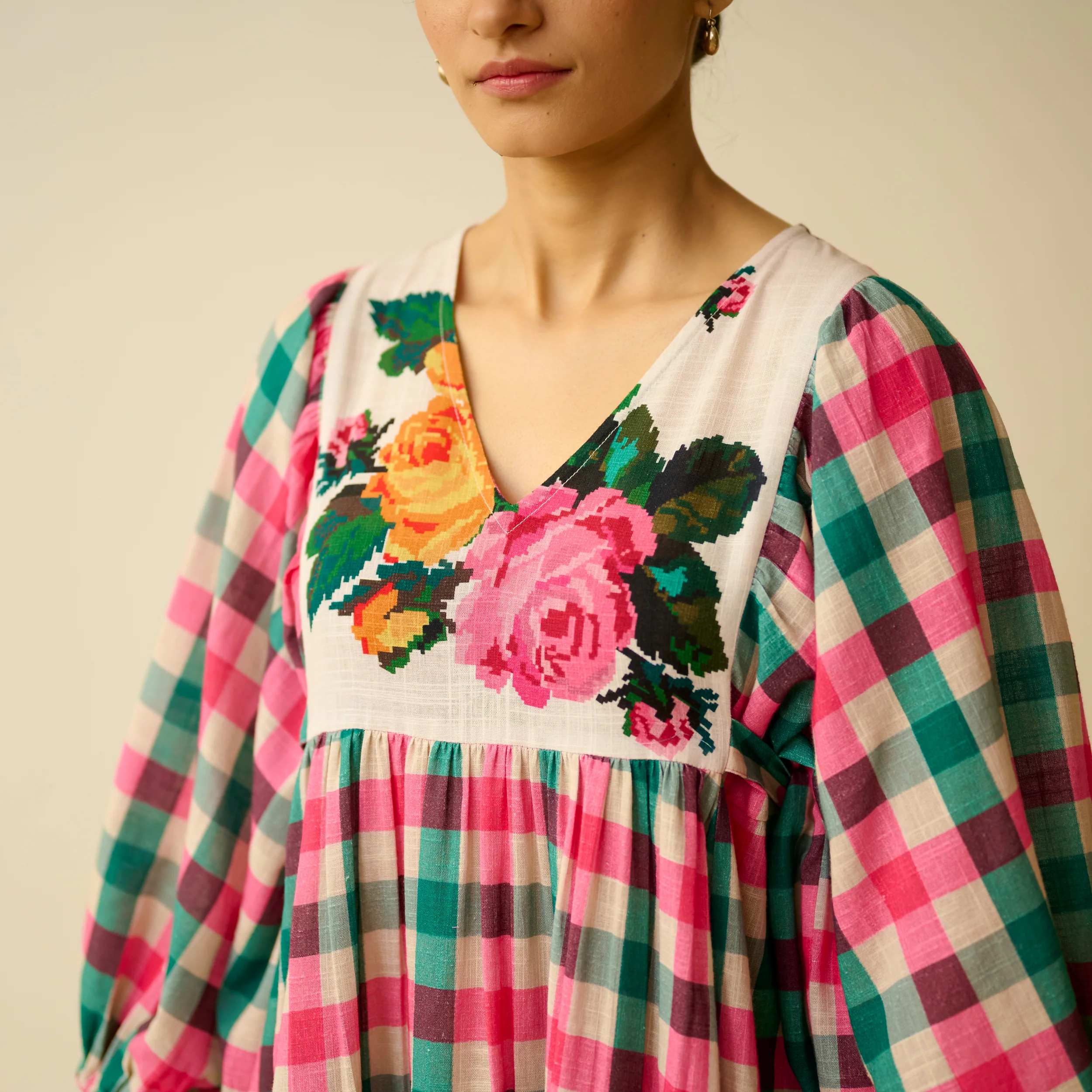 Folk Song Fine Slub Cotton Dress - Pink and Green - Image 9